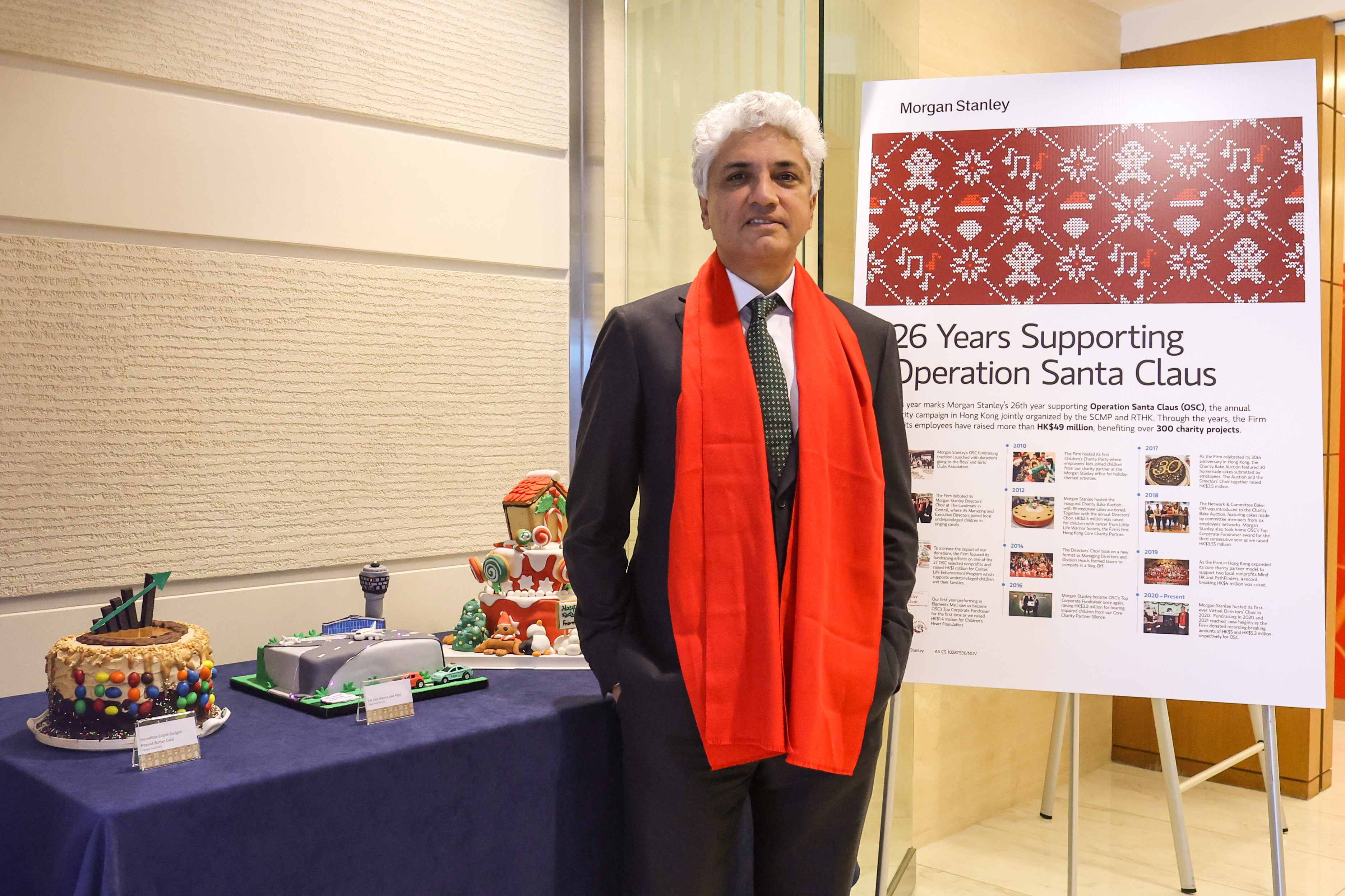 Gokul Laroia, CEO Asia-Pacific of Morgan Stanley, with some of the cakes made to raise funds for Operation Santa Claus.
Photo: Edmond So