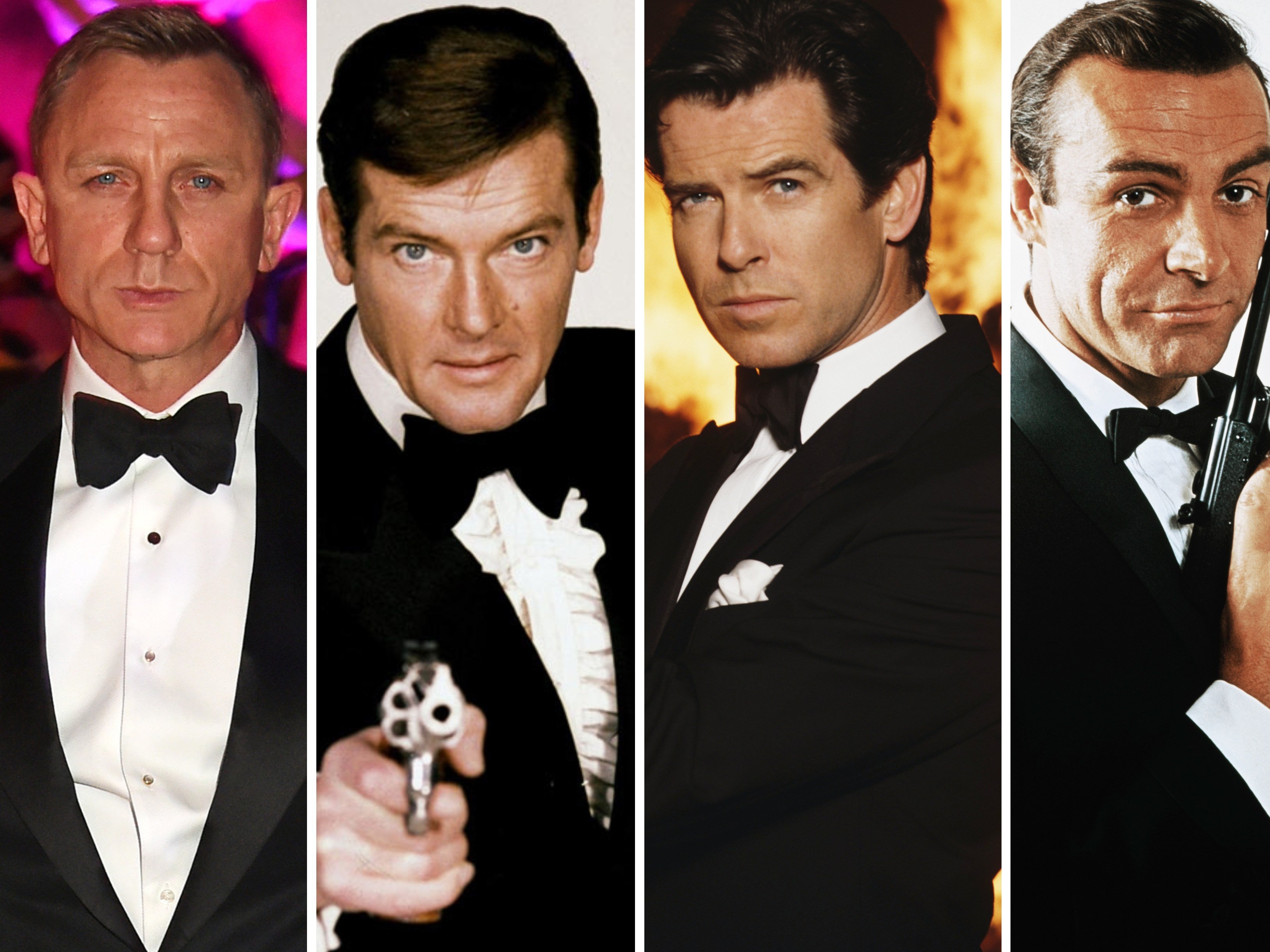 Four of the actors who played James Bond, from left: Daniel Craig, Roger Moore, Pierce Brosnan and Sean Connery. Photos: @tiernysimon/Twitter, Getty Images