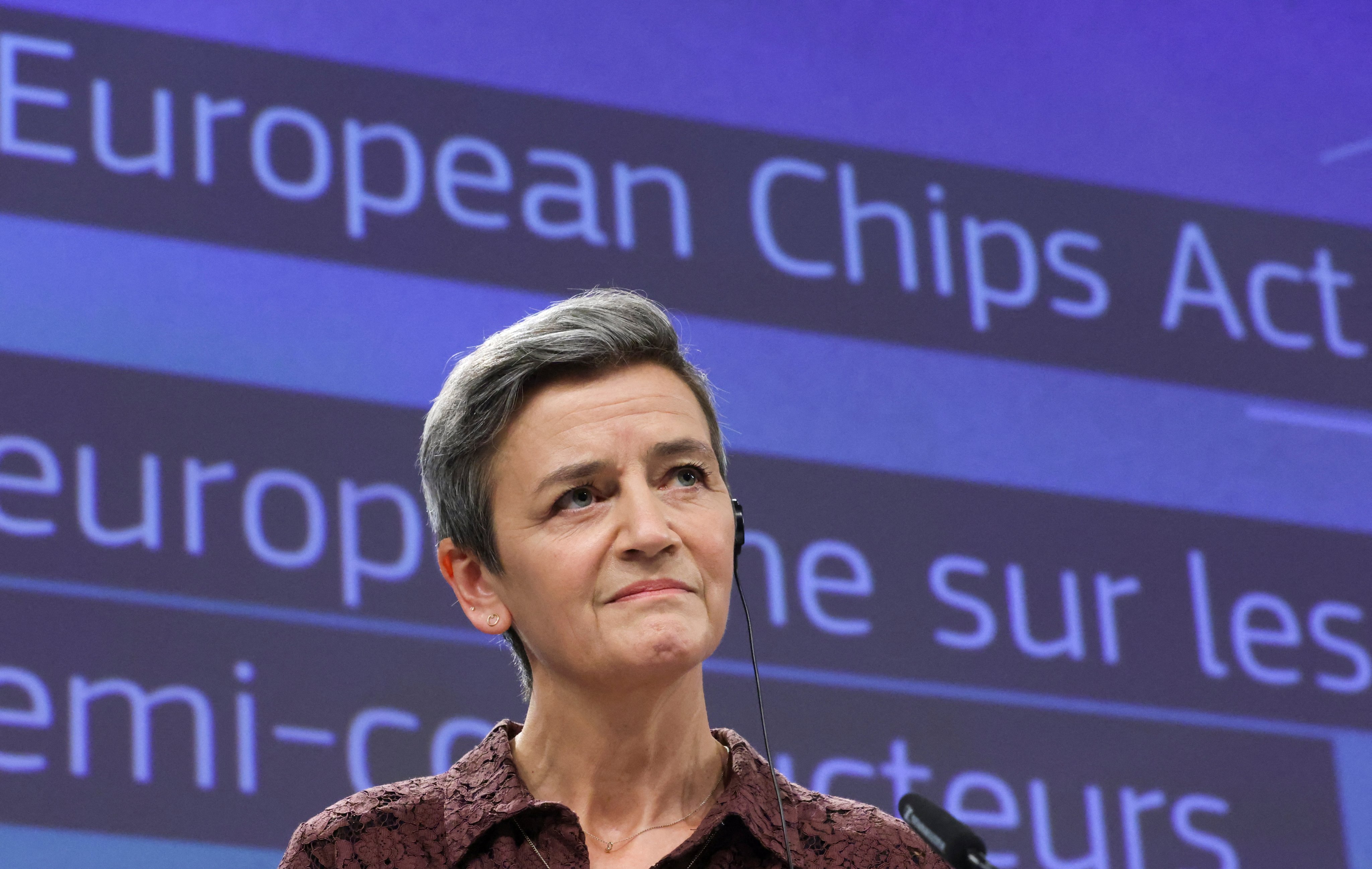 European Commission Vice-President Margrethe Vestager is seen at a news conference on the European Chips Act, a plan to boost the chip industry in which Taiwan features prominently, in Brussels, Belgium, on February 8. Photo: Reuters