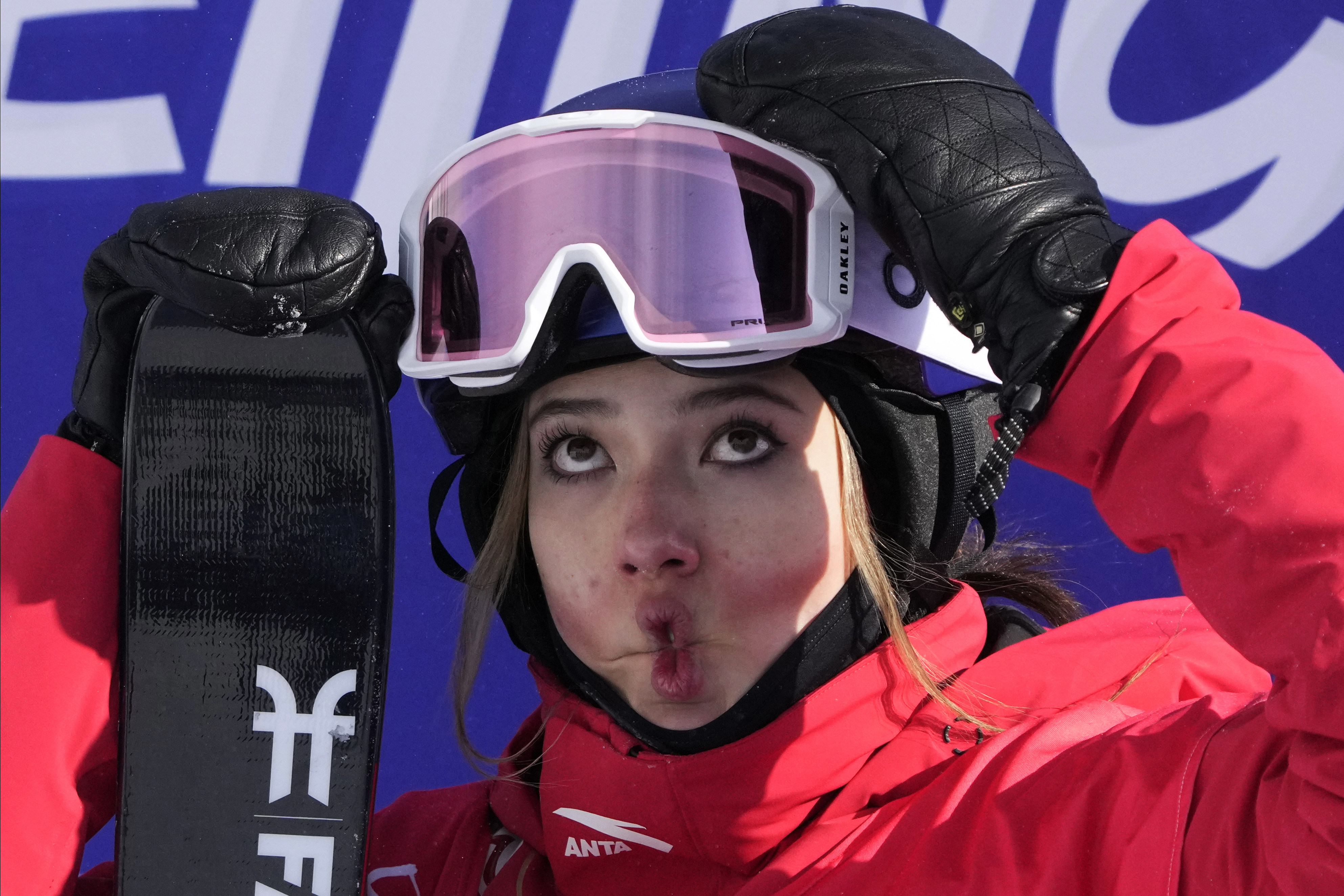 Eileen Gu reactsafter completing her run during the women’s slopestyle finals at the 2022 Beijing Winter Olympics. Photo: AP