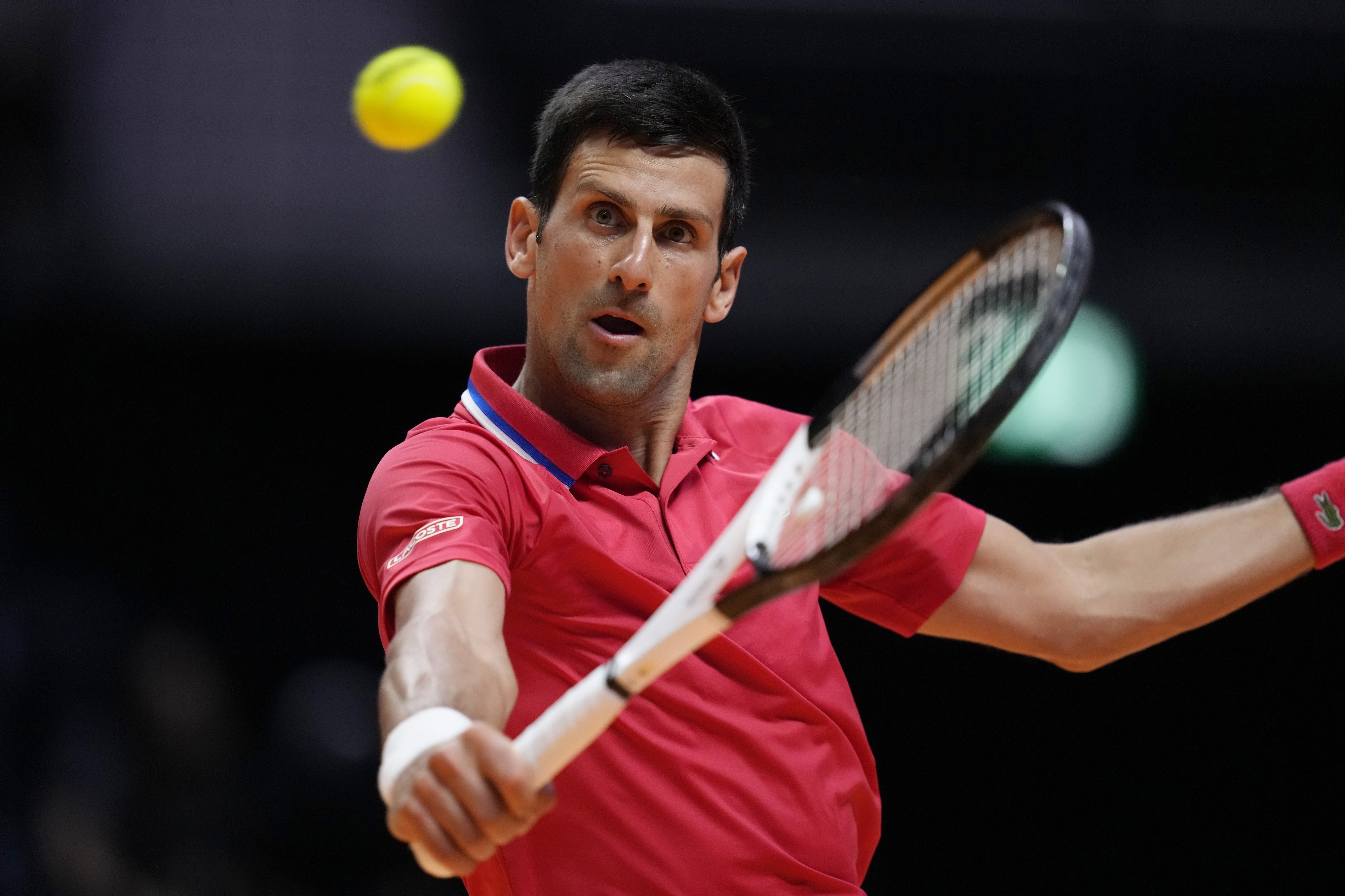 Novak Djokovic in action at the World Tennis League in Dubai. Photo: AP