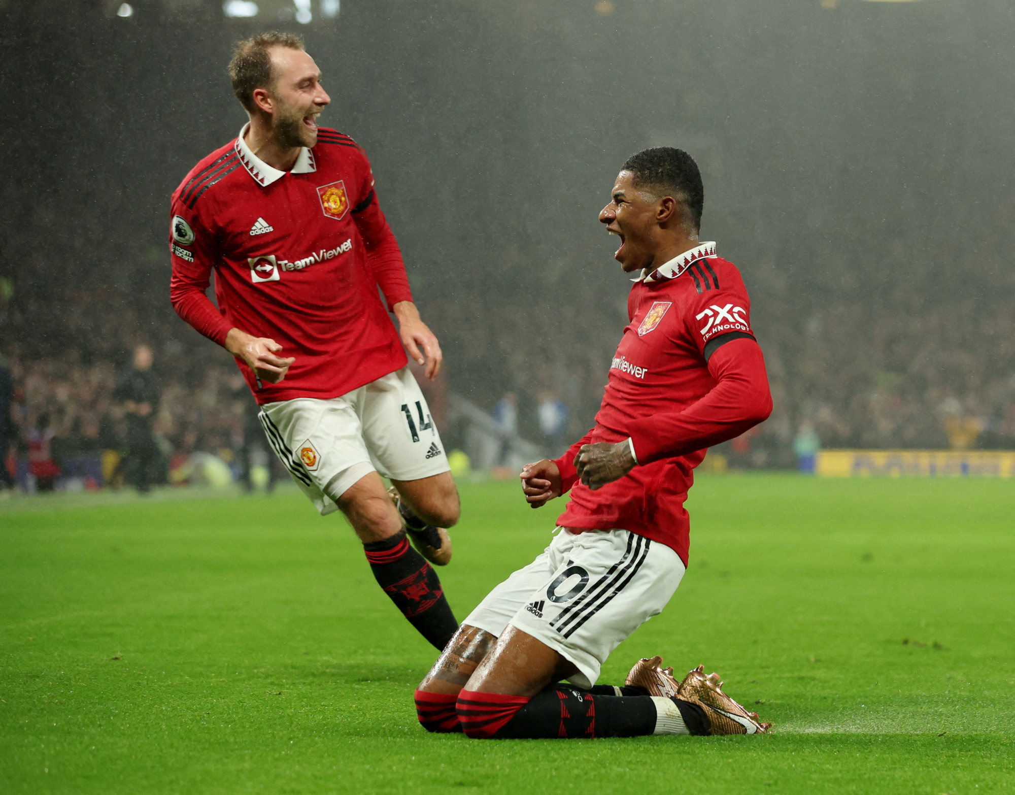 Manchester United’s Marcus Rashford (right) celebrates scoring his side’s first goal with Christian Eriksen. Photo: Reuters