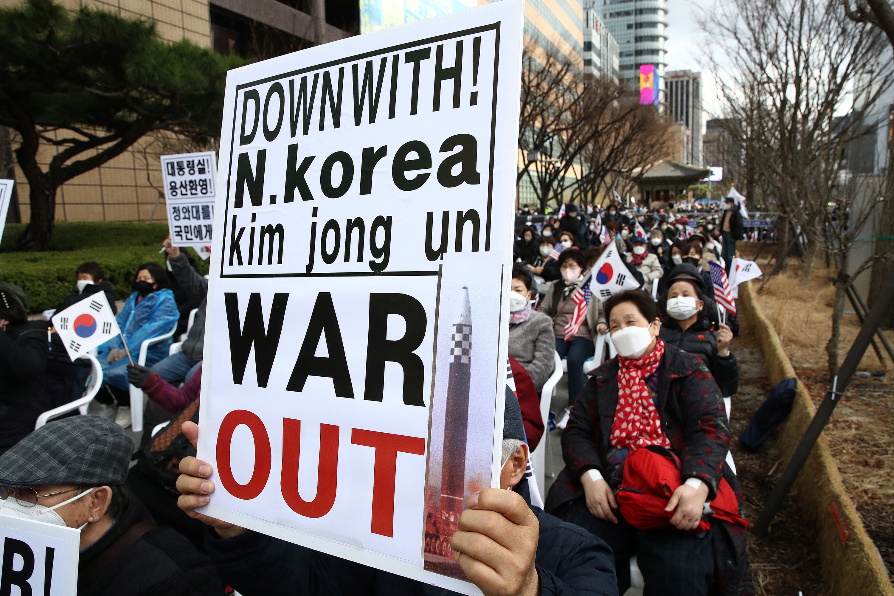 Protesters rally against North Korea’s intercontinental ballistic missile launch on March 26 in Seoul, South Korea. The ICBM, fired towards the East Sea, sharply escalated tensions in the region. Photo: TNS