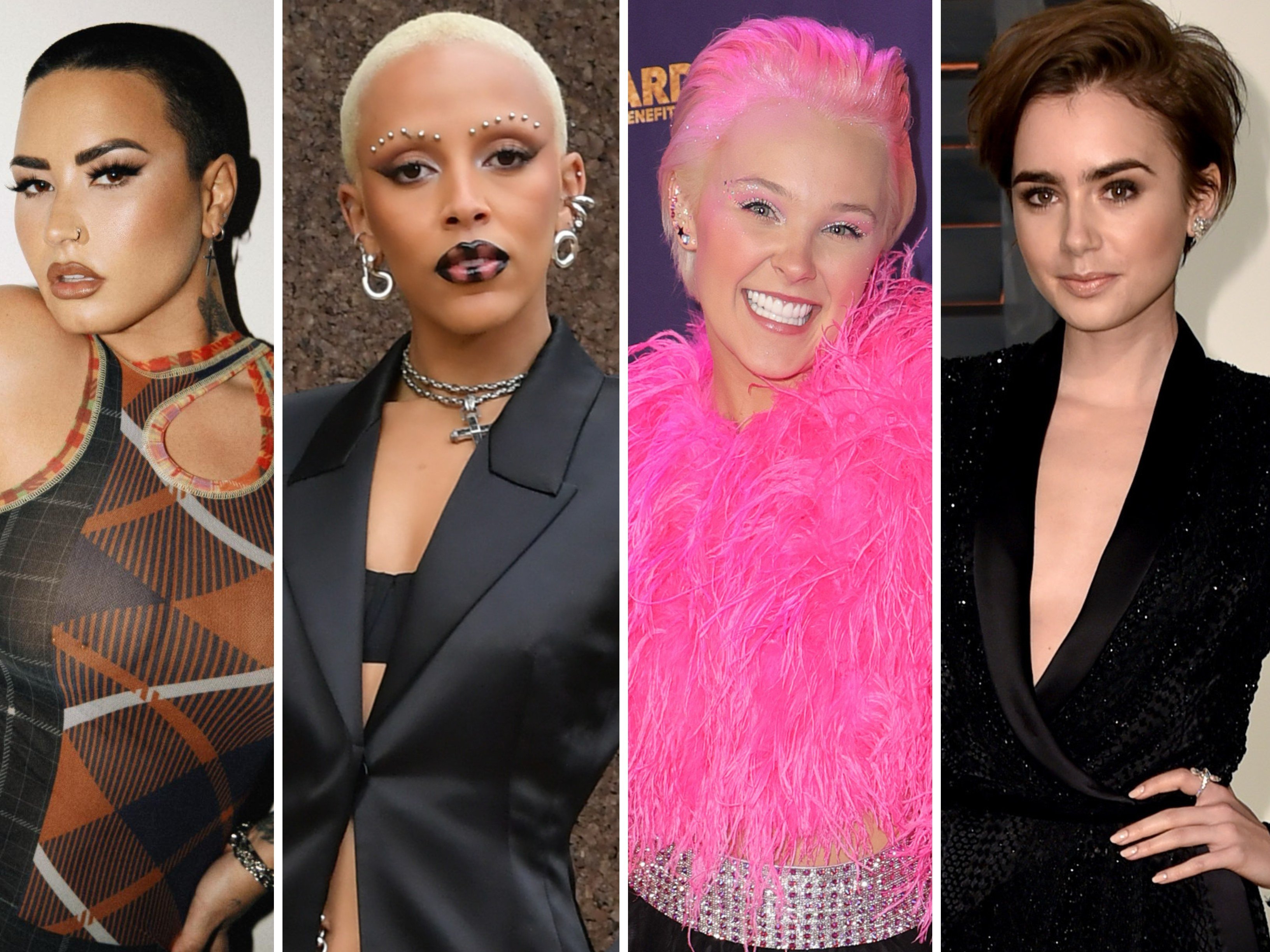 Six celebrity hair transformations, from (left to right) Demi Lovato and Doja Cat, to JoJo Siwa and Lily Collins. Photos: @ddlovato/Instagram, WireImage, Getty Images
