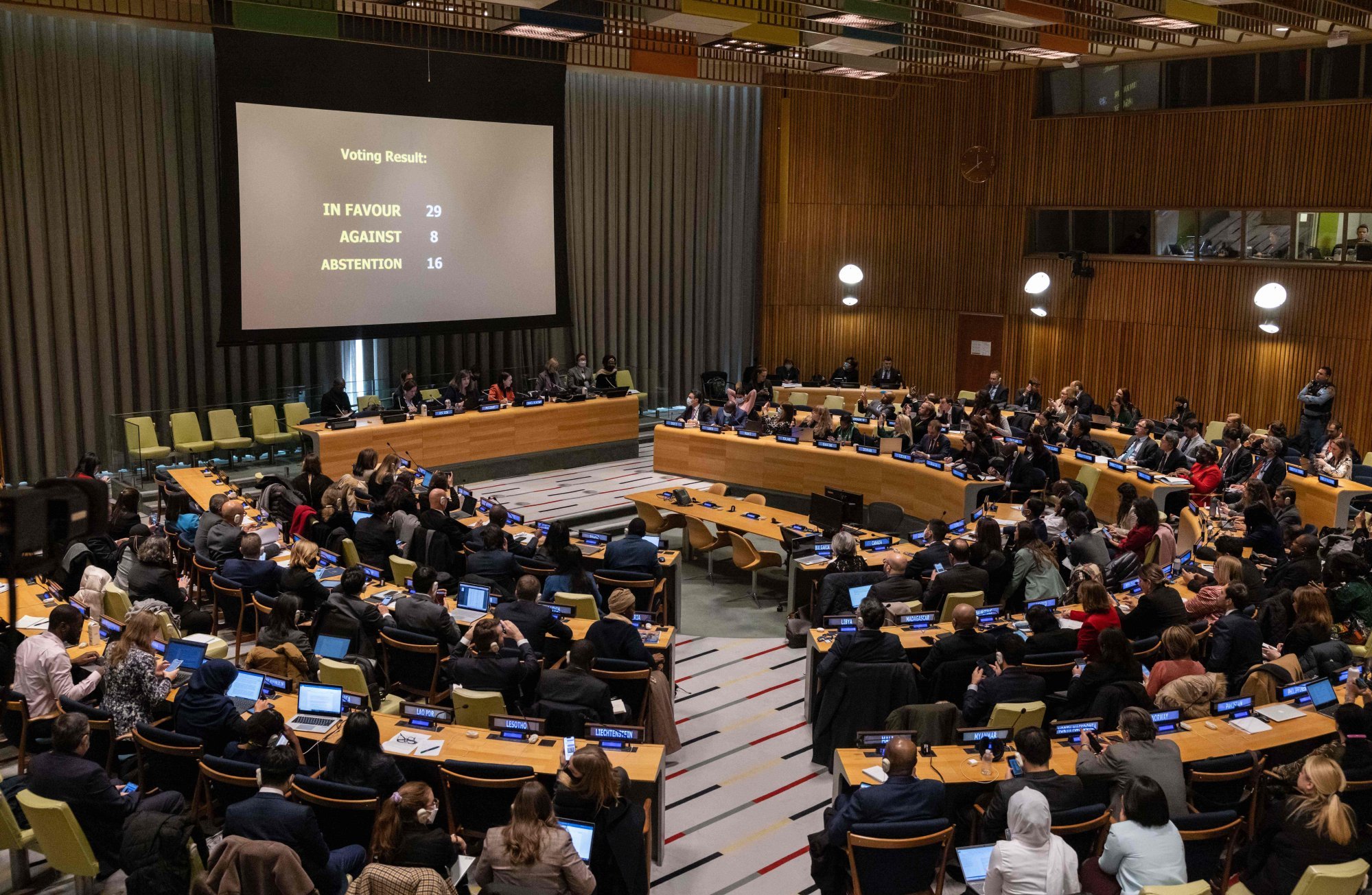 Member countries vote on the removal of Iran from the Commission on the Status of Women during a meeting of the UN Economic and Social Council in New York on December 14. Photo: AFP