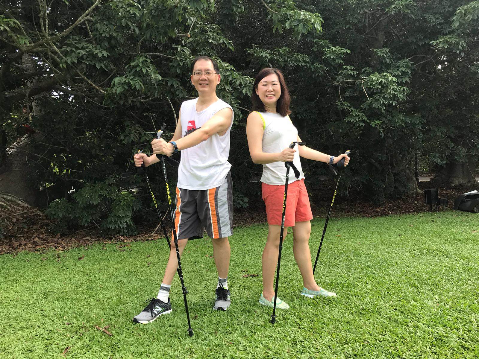 Singapore couple Calvin Kee and Mary Yap took up Nordic walking in 2019 and  say it has improved their health. Photo: Calvin Kee and Mary Yap