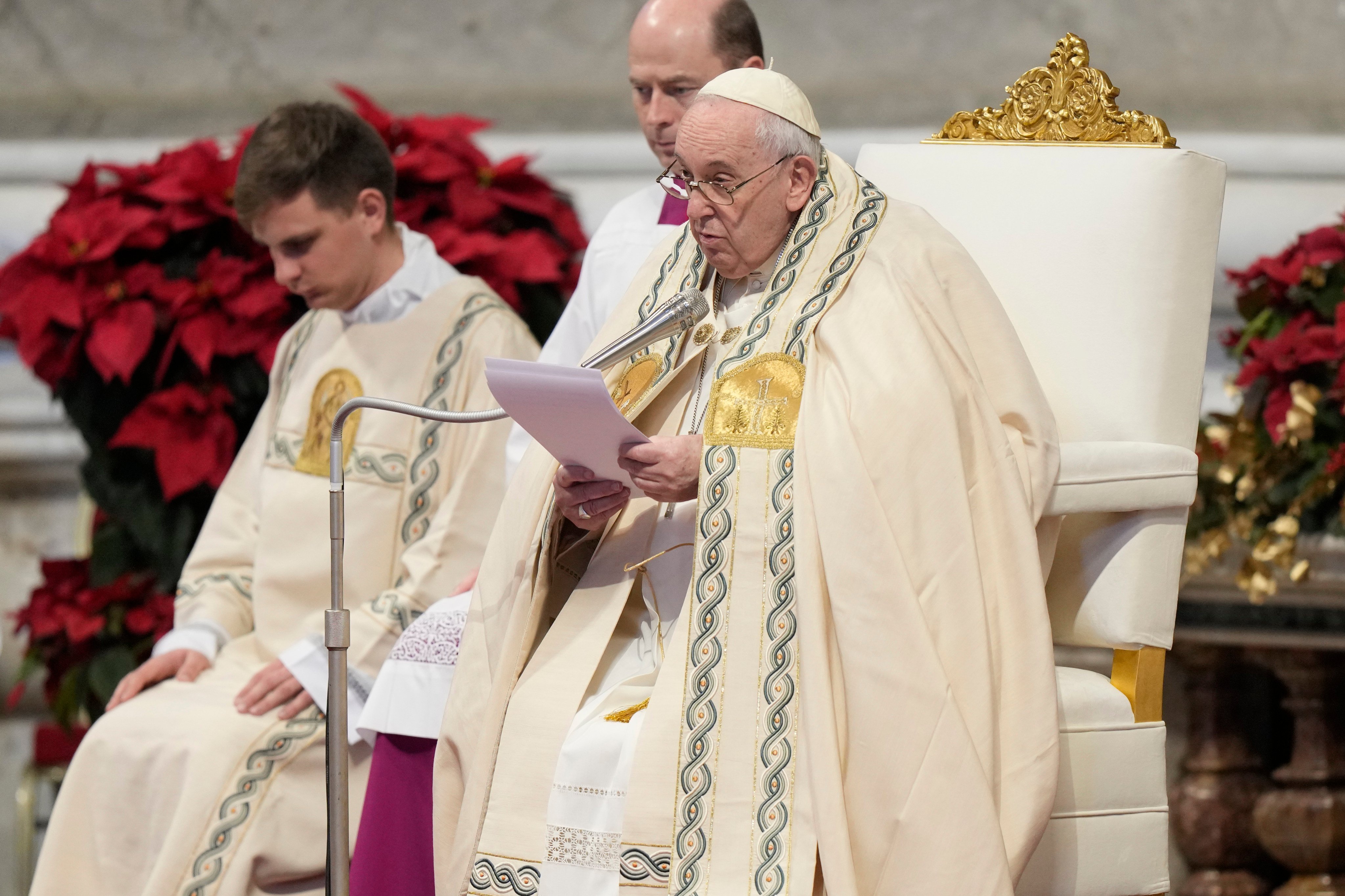 Pope Francis holds a Mass for the solemnity of St. Mary at the beginning of the new year, in St. Peter’s Basilica at the Vatican on Sunday. Photo: AP
