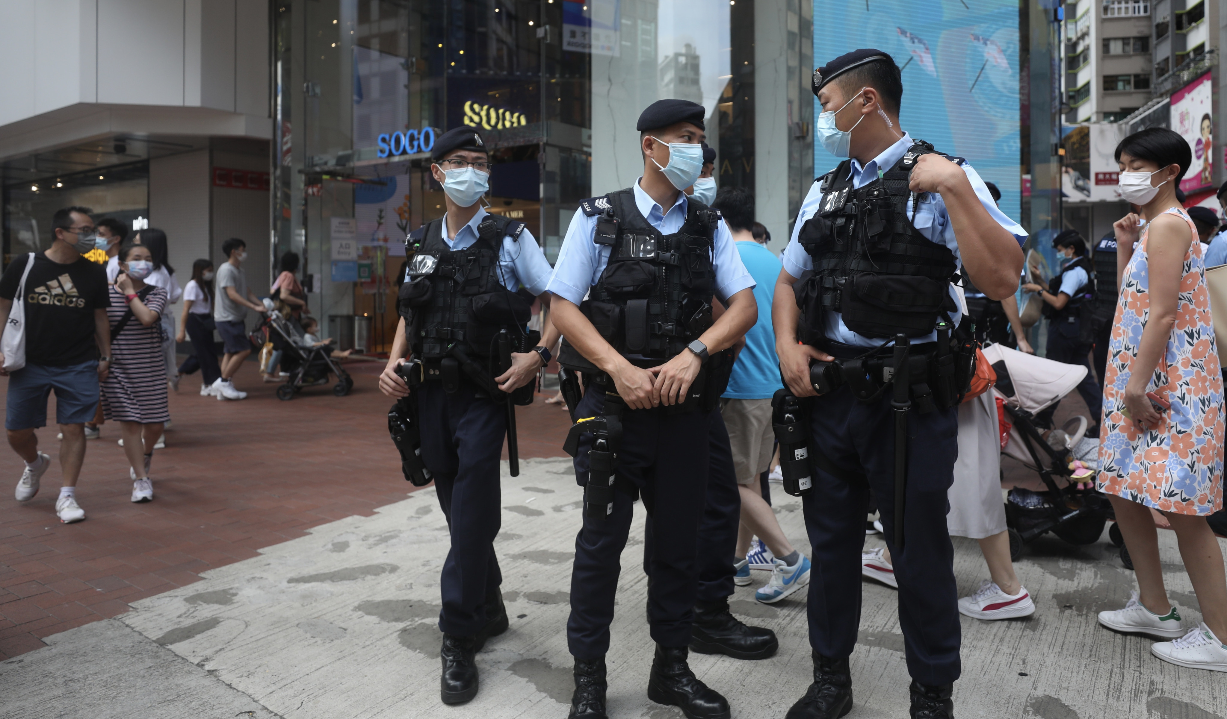 A heightened police presence outside the Sogo department store on Causeway Bay in the wake of a knife attack on a police officer on July 1, 2021. Photo: Xiaomei Chen