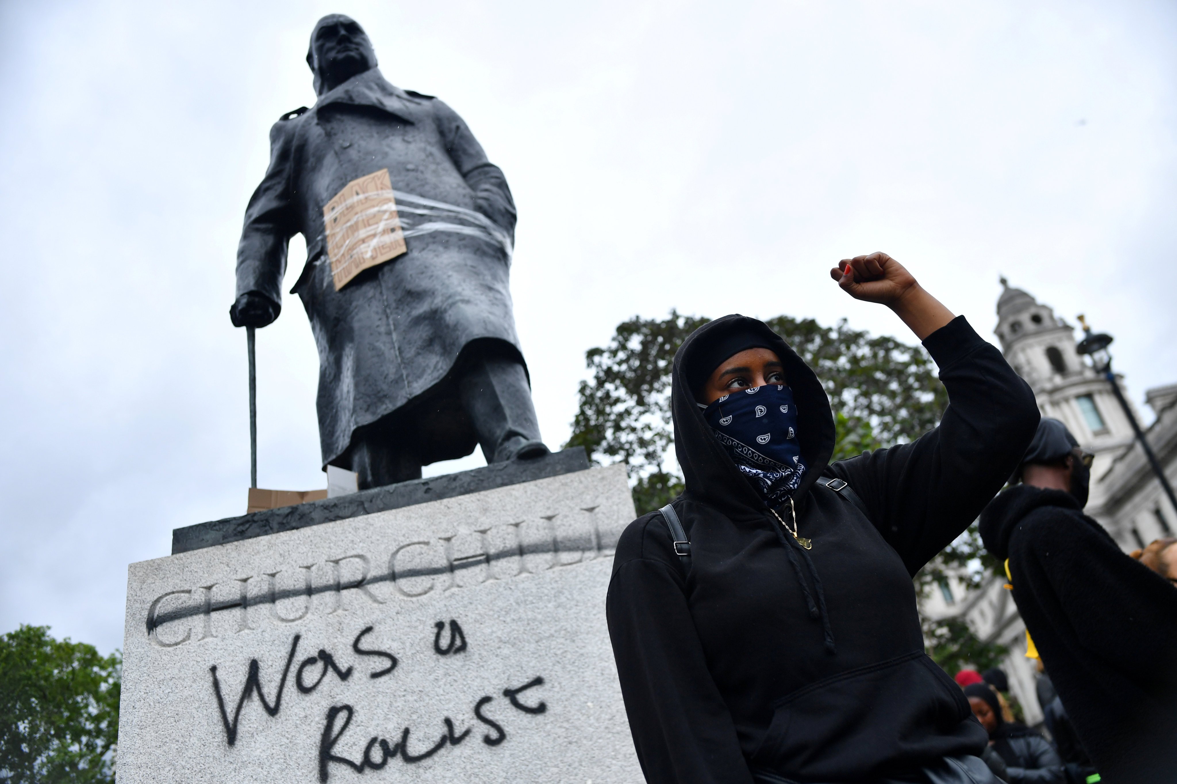Black Lives Matter protests in front a statue of Winston Churchill in London’s Parliament Square. Photo: Reuters