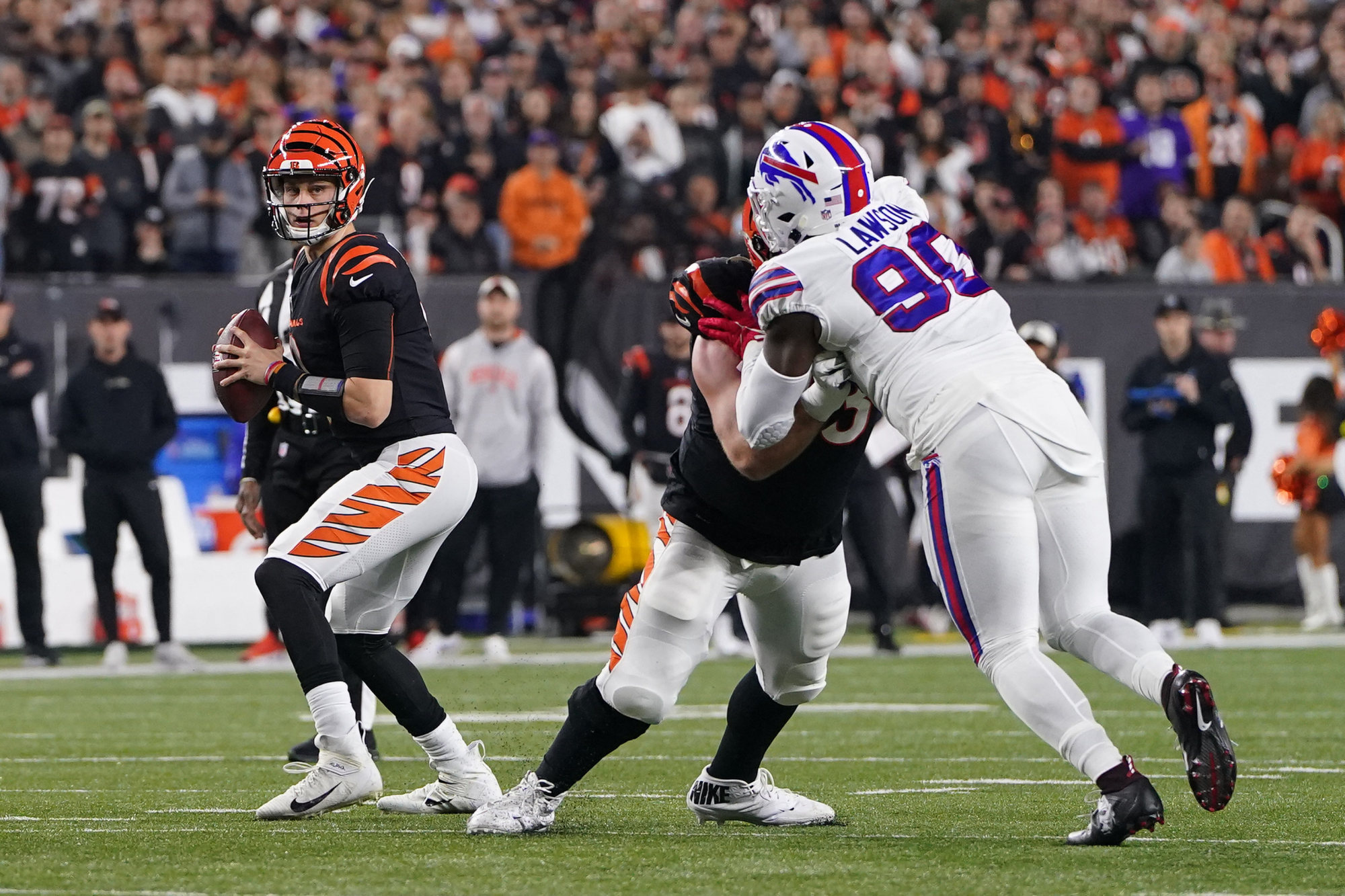 Cincinnati Bengals quarterback Joe Burrow looks to pass against the Buffalo Bills. Photo: AFP