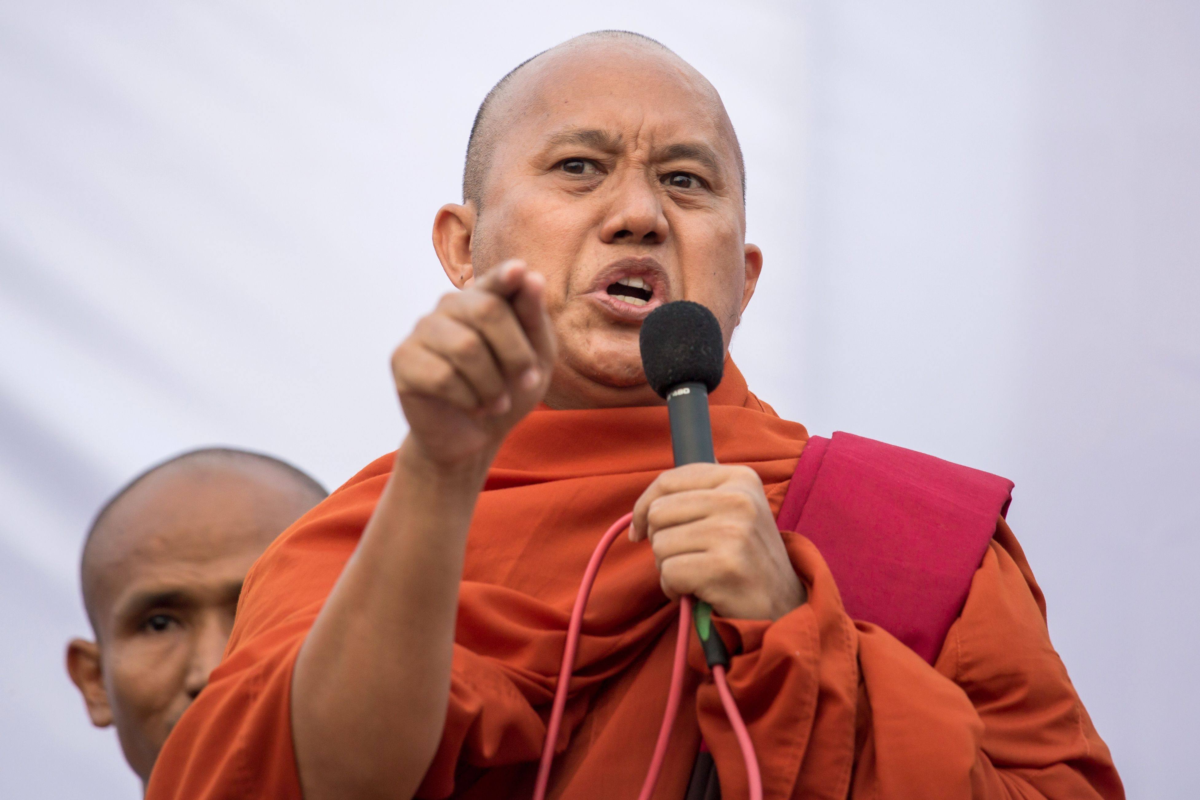 Buddhist monk Wirathu speaks during a rally in Yangon to show support to the Myanmar military in 2019. Photo: AFP