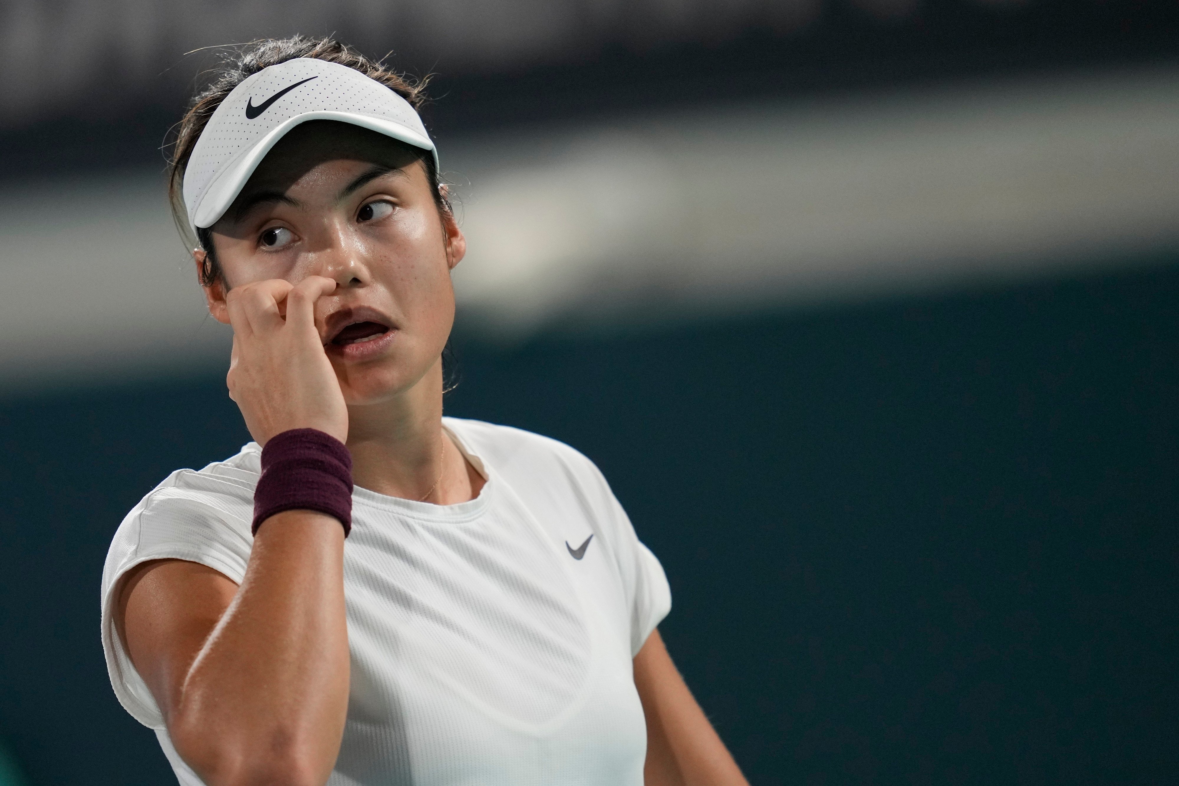 Emma Raducanu reacts after losing a point against Ons Jabeur at the Mubadala World Tennis Championship in Abu Dhabi. Photo: AP