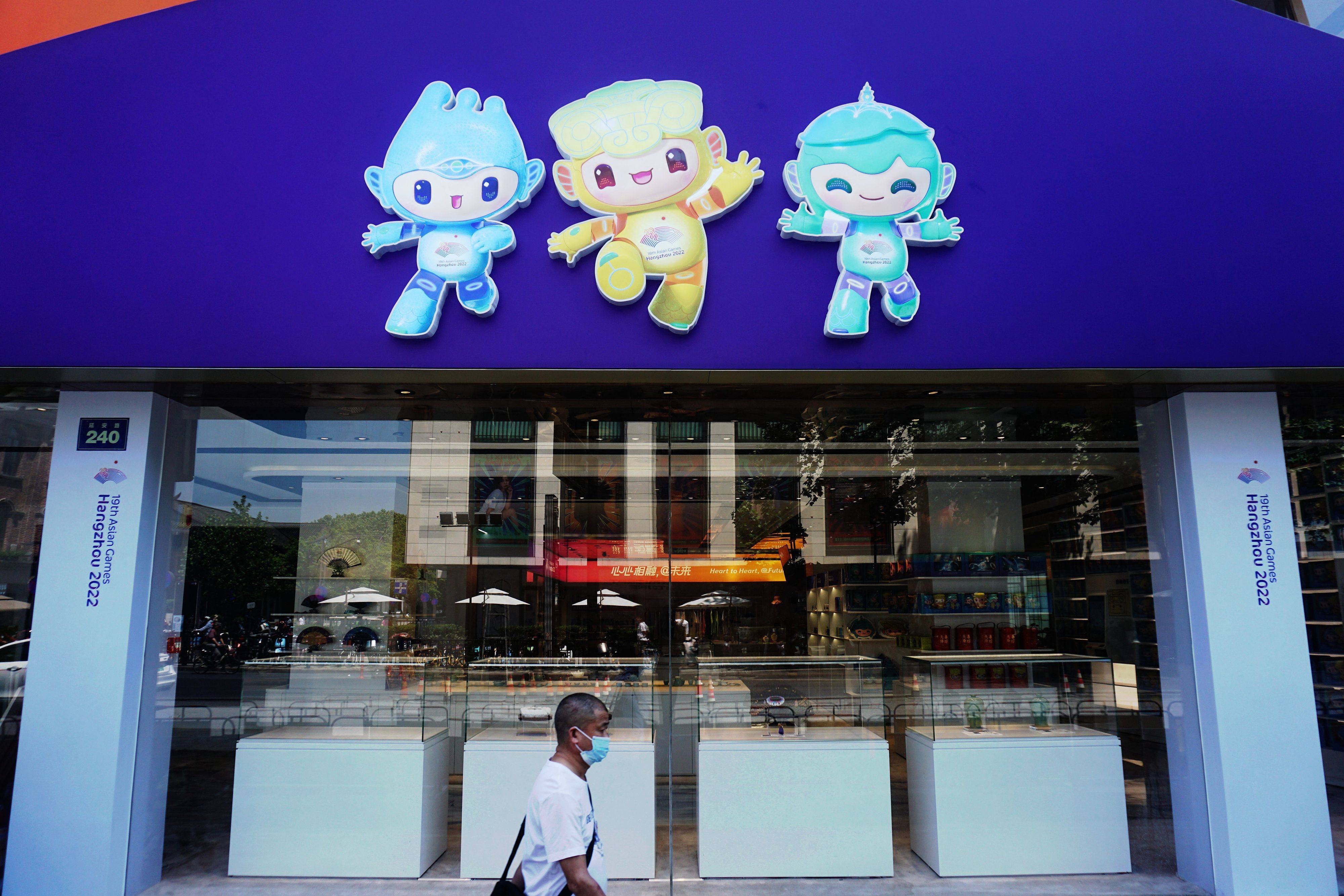 Mascots for the 2022 Asian Games are seen in Hangzhou. The event will be held in September and October after it was postponed last year. Photo: AFP