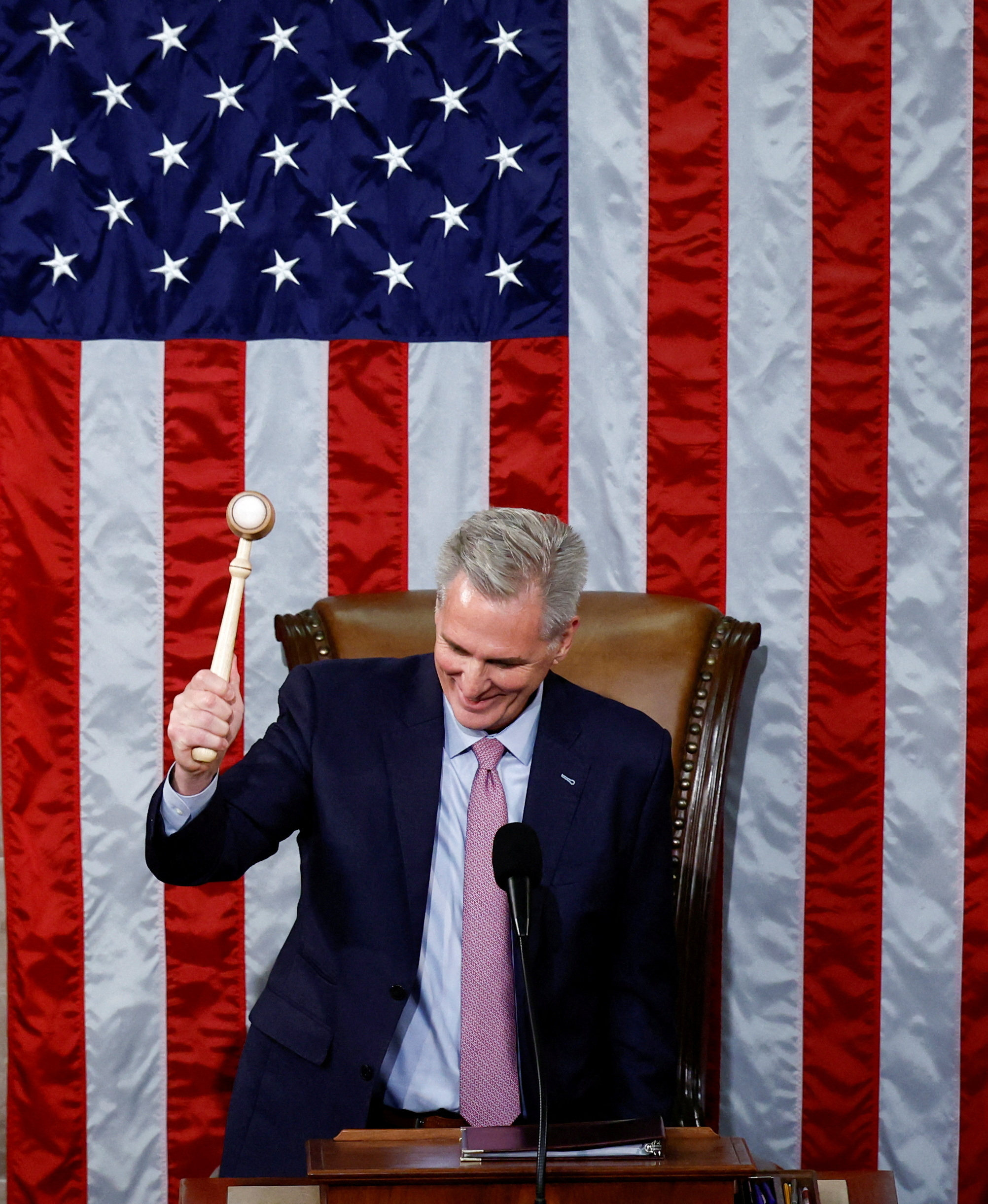 Kevin McCarthy bangs the speaker’s gavel for the first time after being elected the next speaker of the US House of Representatives on Saturday. Photo: Reuters . 