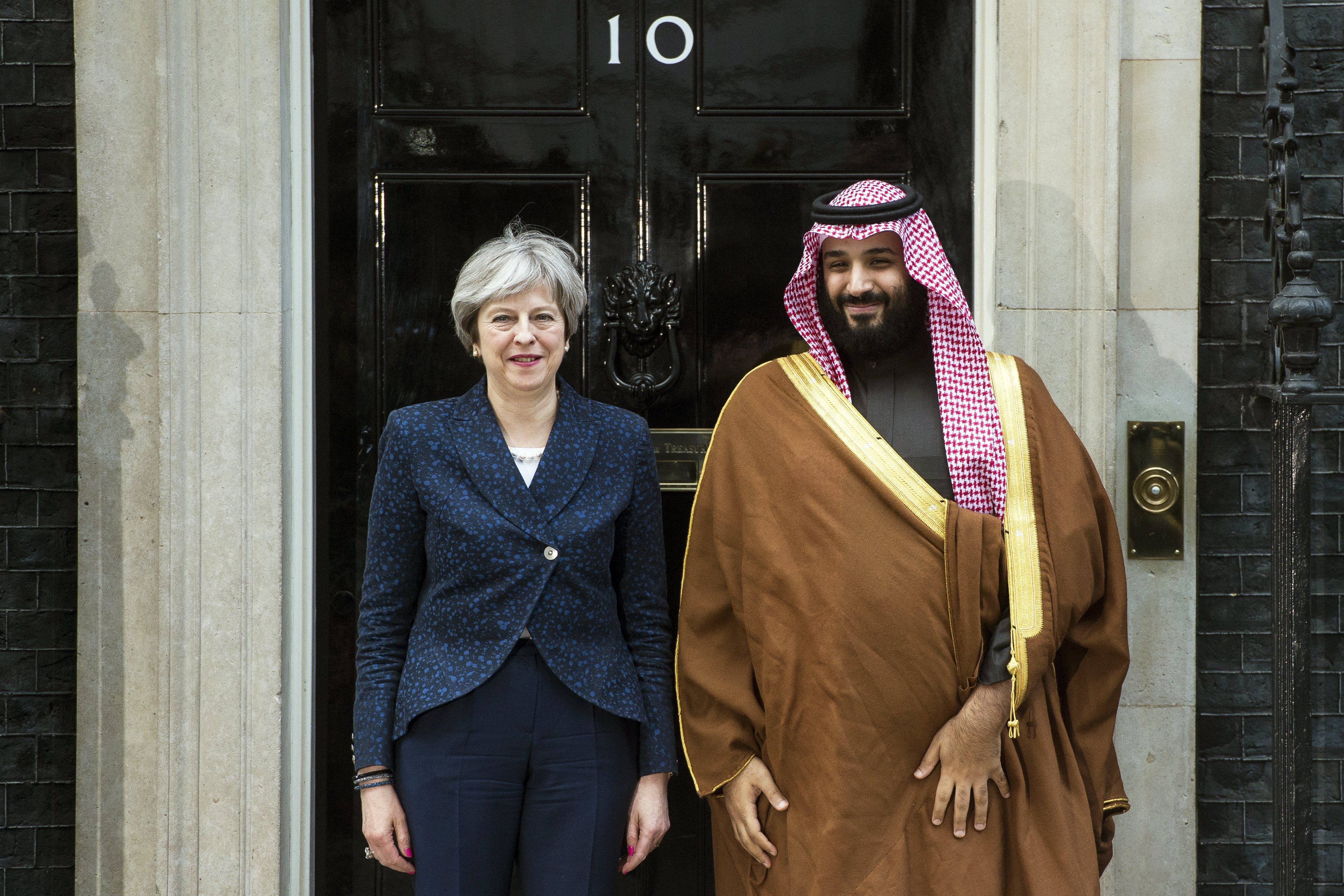 Britain’s then Prime Minister Theresa May with Saudi Arabian Crown Prince Mohammad bin Salman Al Saud at 10 Downing Street in 2018. Since late 2019 May has pocketed more than £100,000 from a speech she gave in Saudi Arabia, as well as over £2 million in other extra earnings. Photo: EPA-EFE