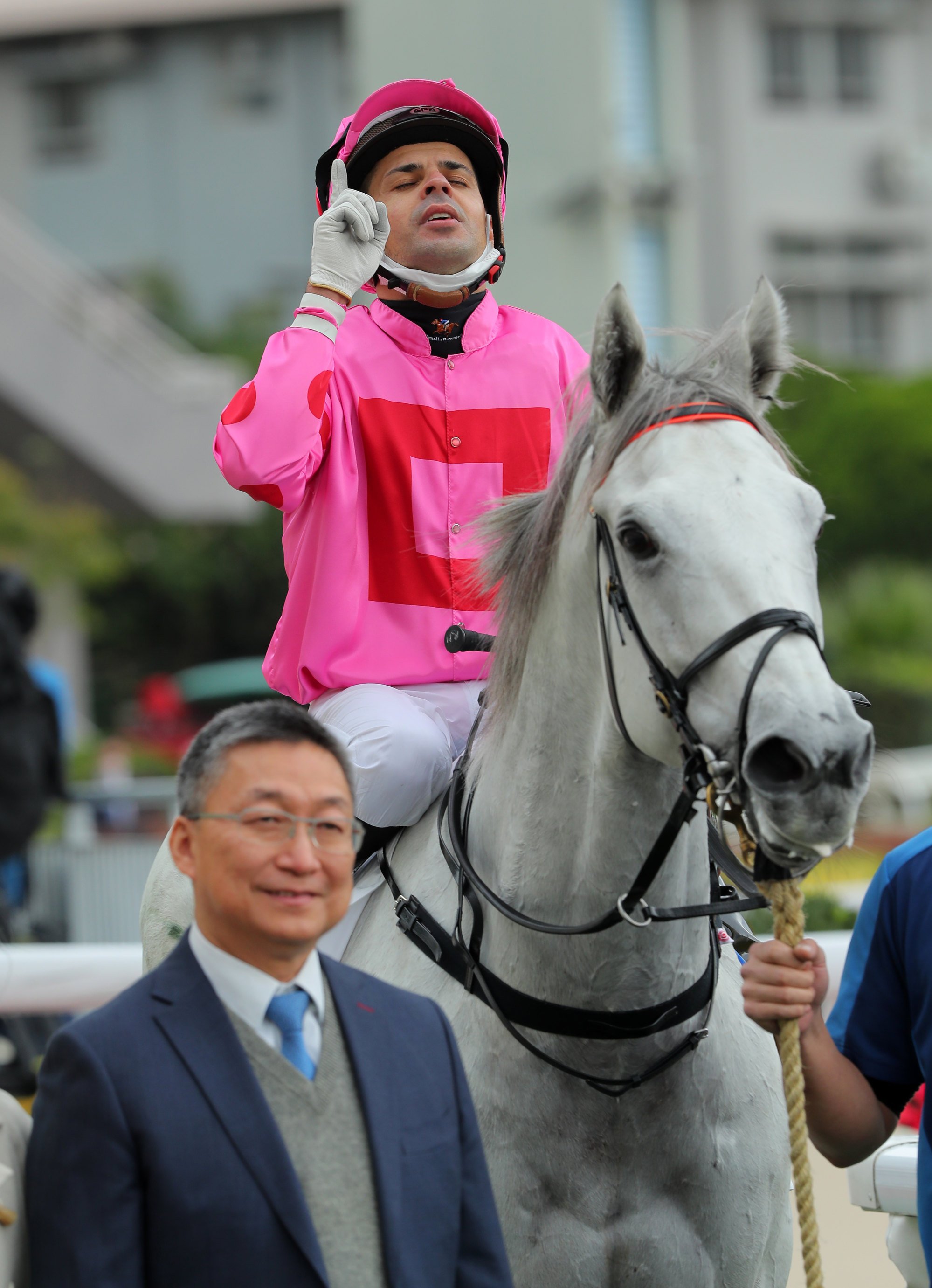 Jockey Ruan Maia enjoys his win aboard Chancheng Prince.