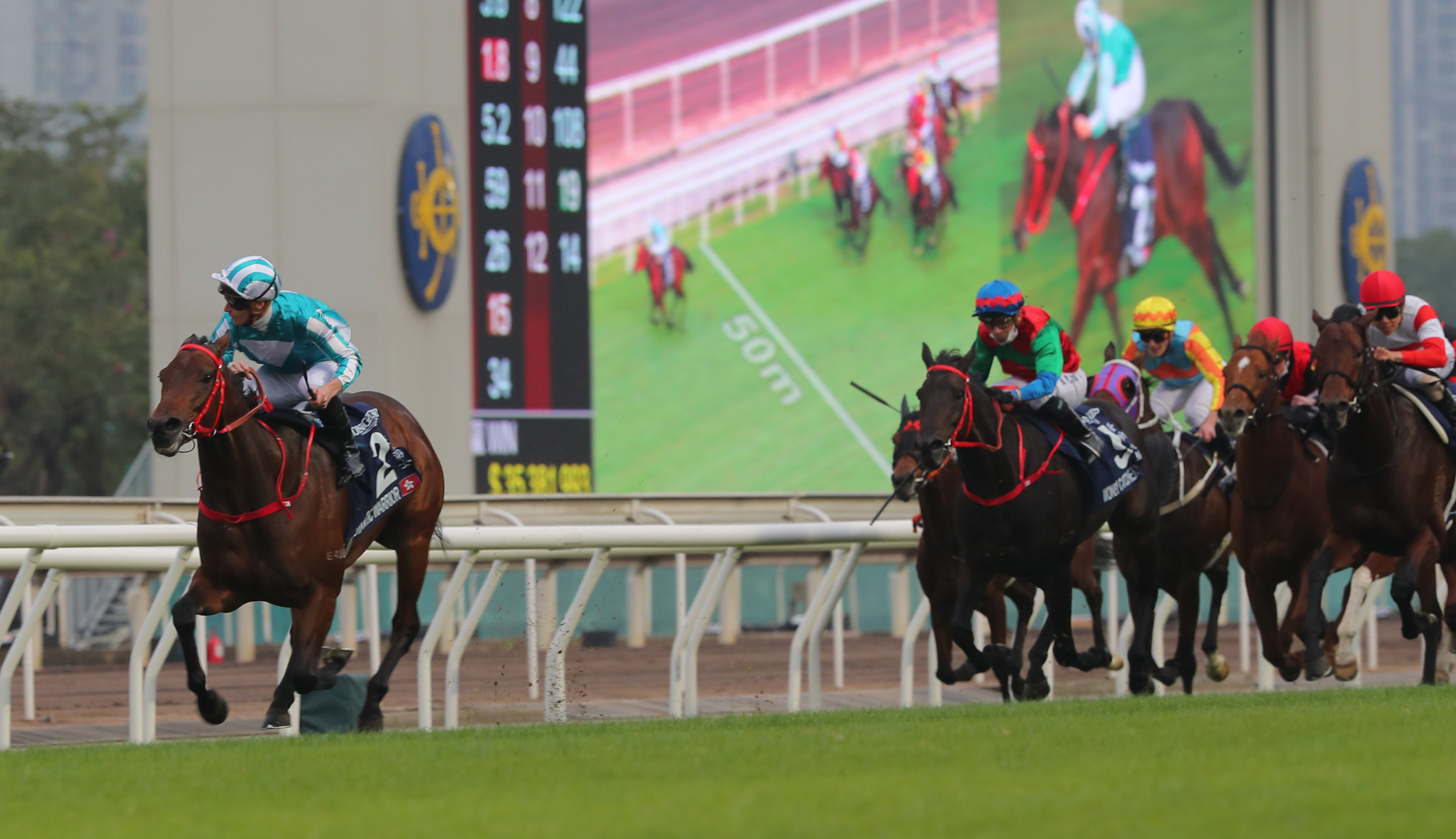 Money Catcher chases home Romantic Warrior in last month’s Hong Kong Cup. Photos: Kenneth Chan