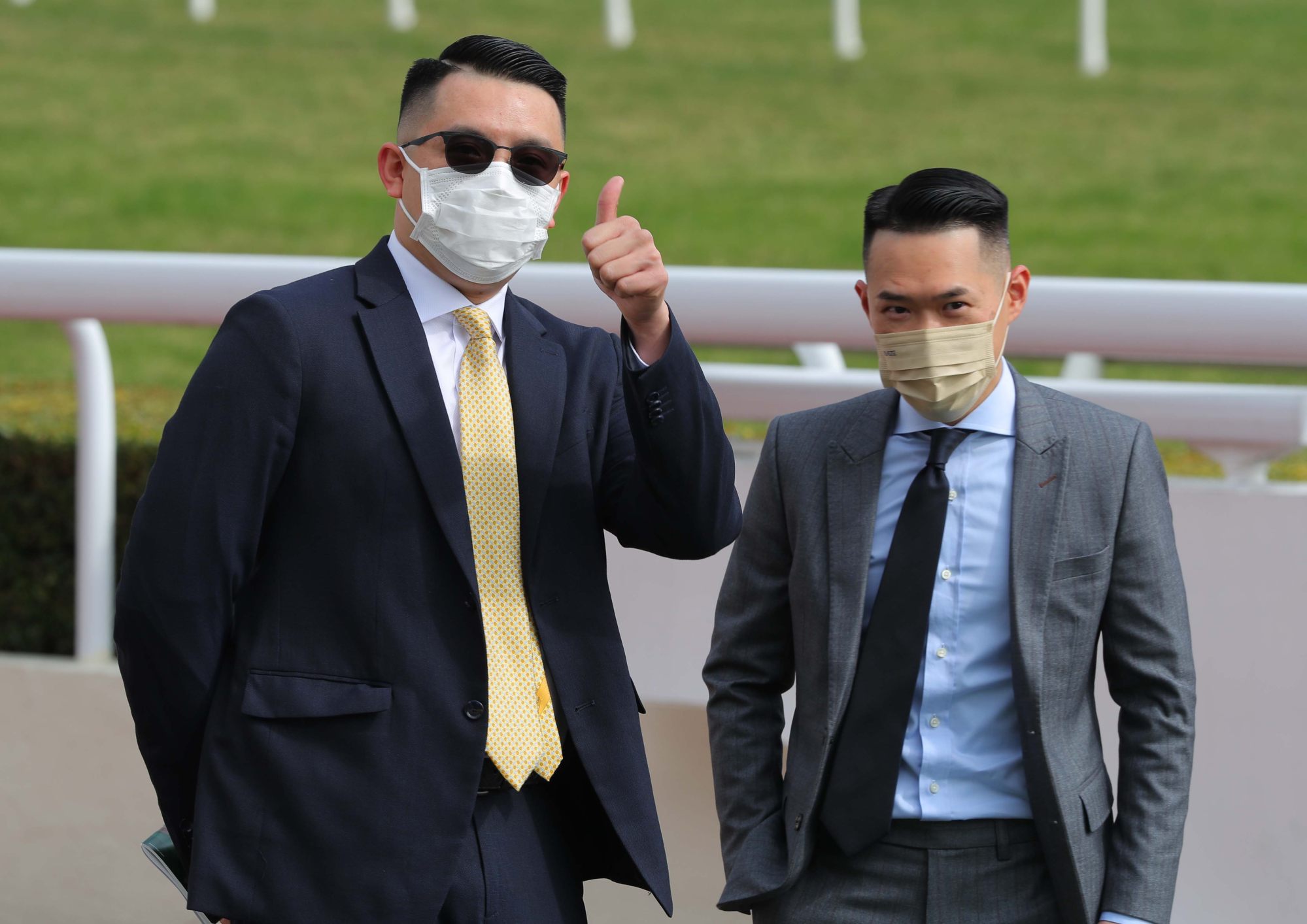 Trainer Pierre Ng (left) celebrates a recent victory.