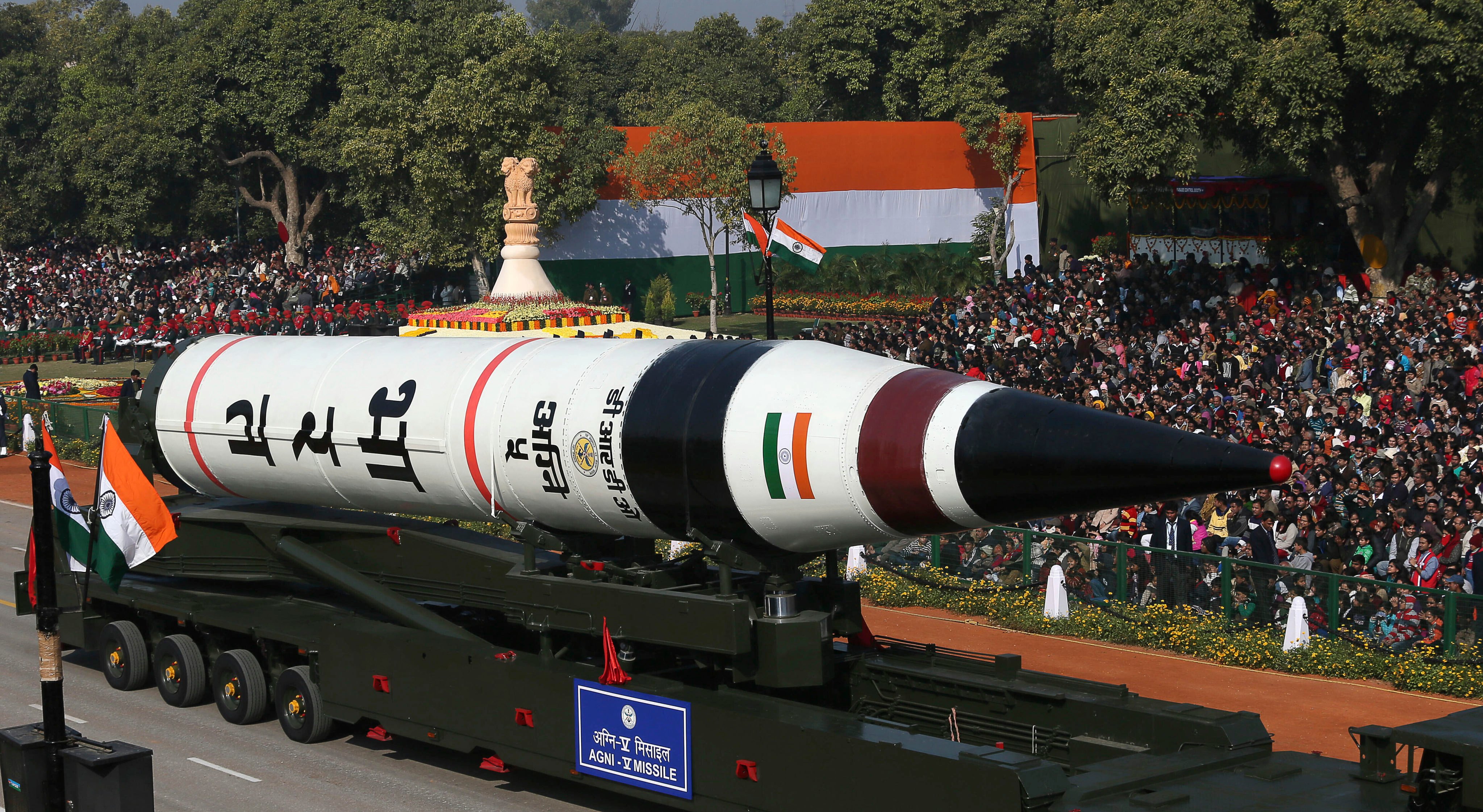 India’s long-range ballistic Agni-V missile is displayed during a Republic Day parade in New Delhi on January 26, 2013. India has successfully test-fired a nuclear-capable intercontinental ballistic missile and has pushed for further testing to verify its nuclear capabilities. Photo: AP