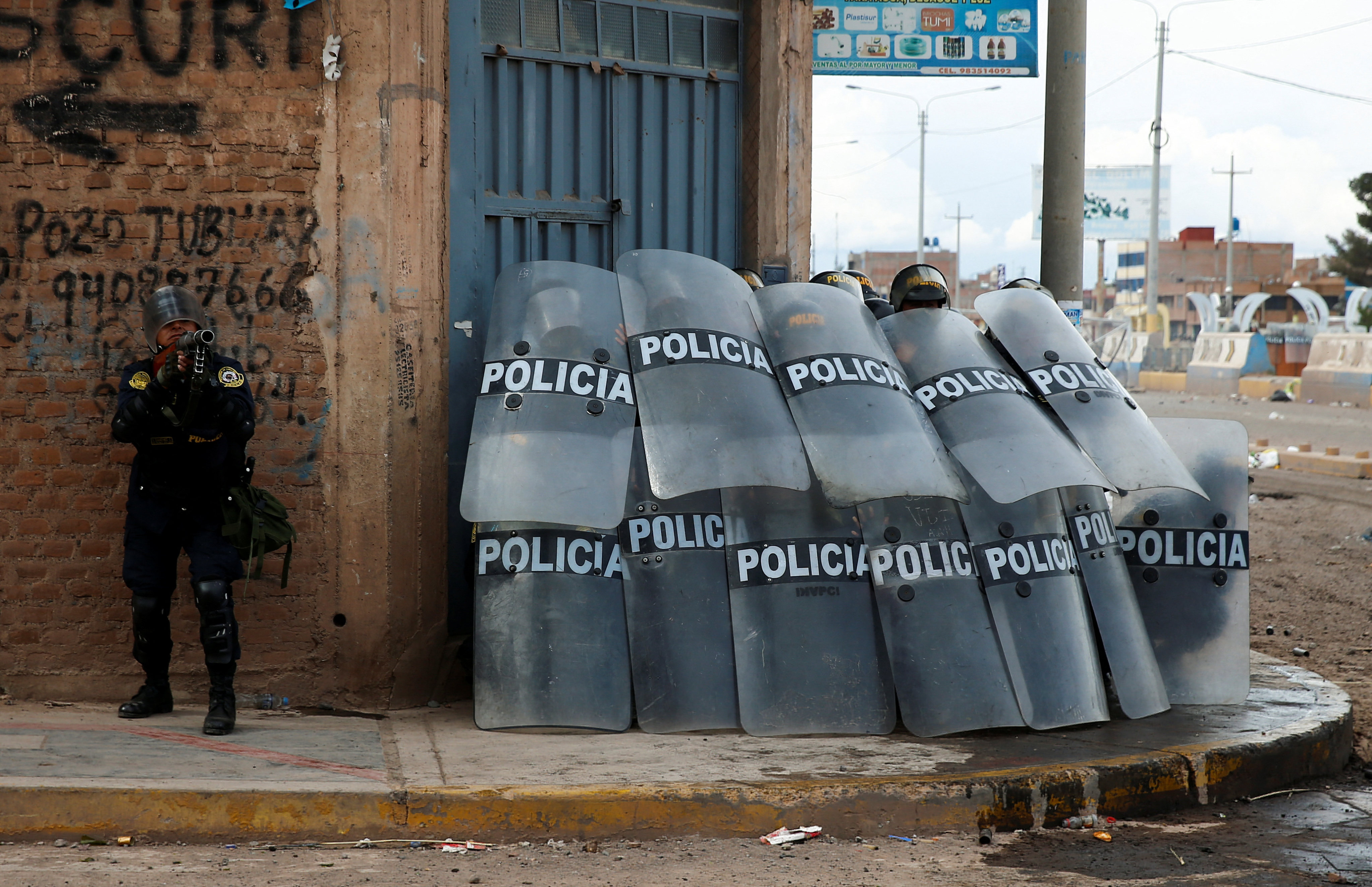 Peruvian police in Juliaca, the scene of deadly clashes. Photo: Reuters
