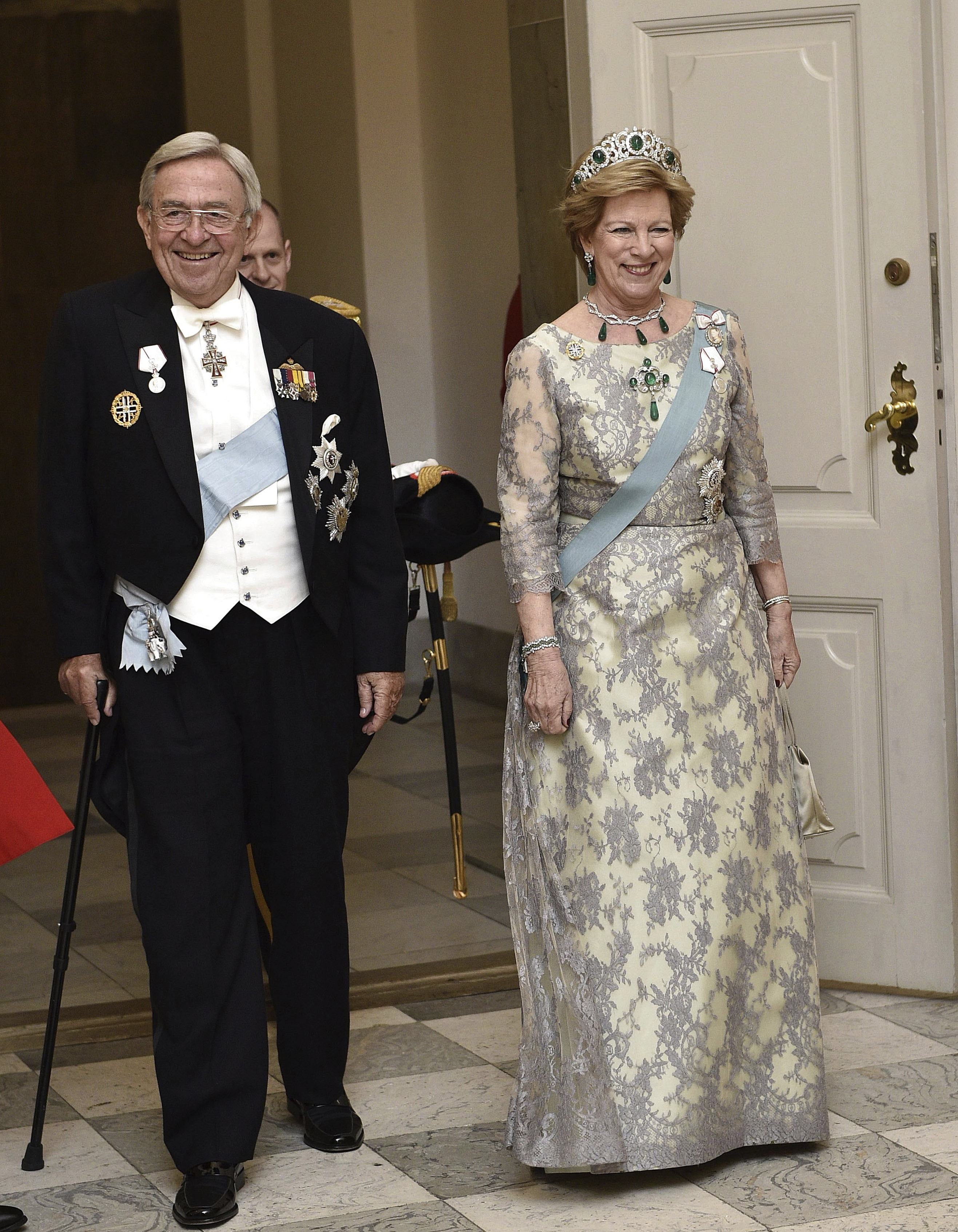 Former Greek king Constantine II and queen Anne-Marie arrive at a dinner at Christiansborg Castle in Copenhagen to celebrate the 75th birthday of Queen Margrethe II of Denmark in April 2015. Photo: AP