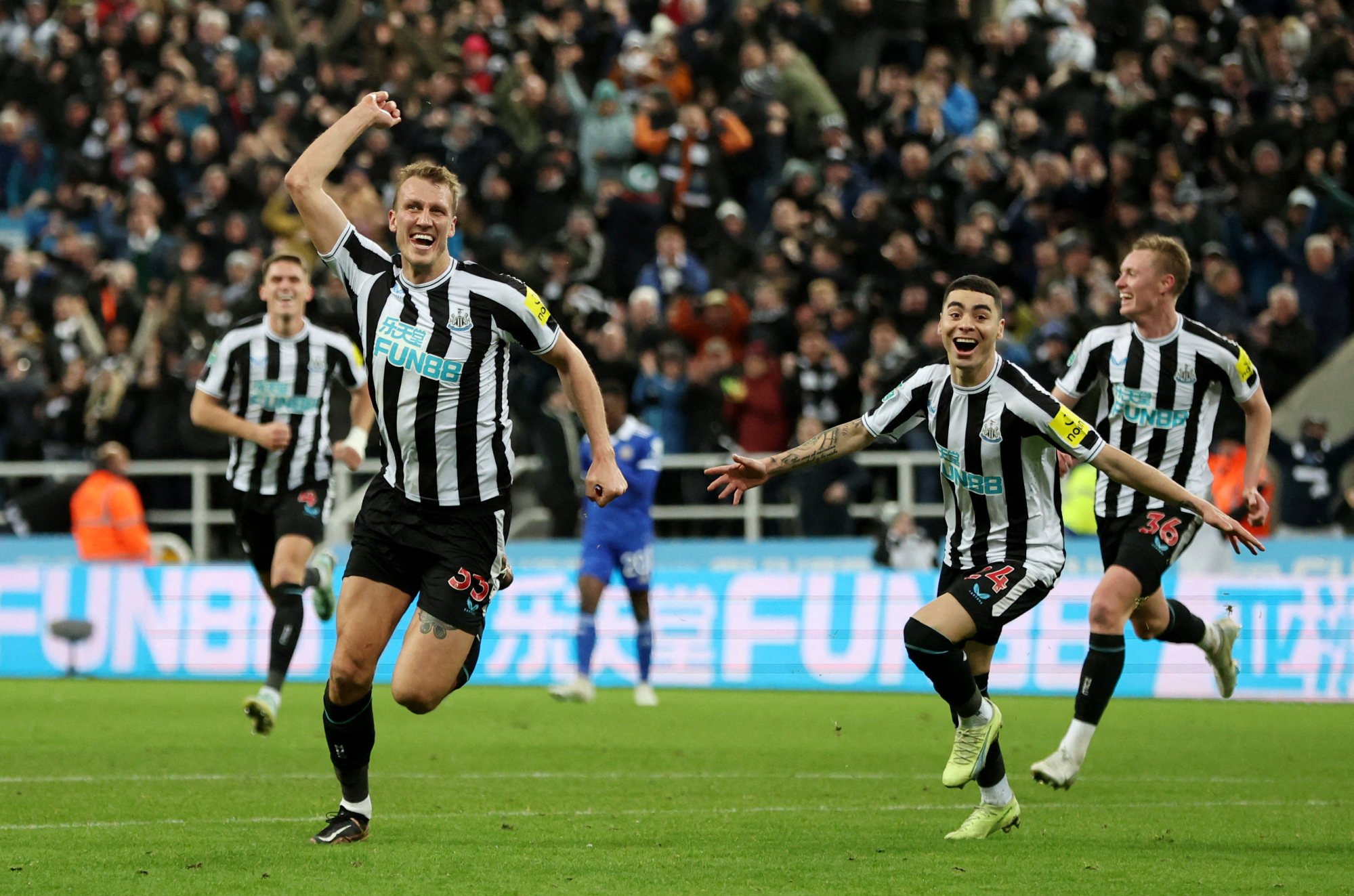 Newcastle United’s Dan Burn celebrates scoring his side’s first goal against Leicester City. Photo: Reuters