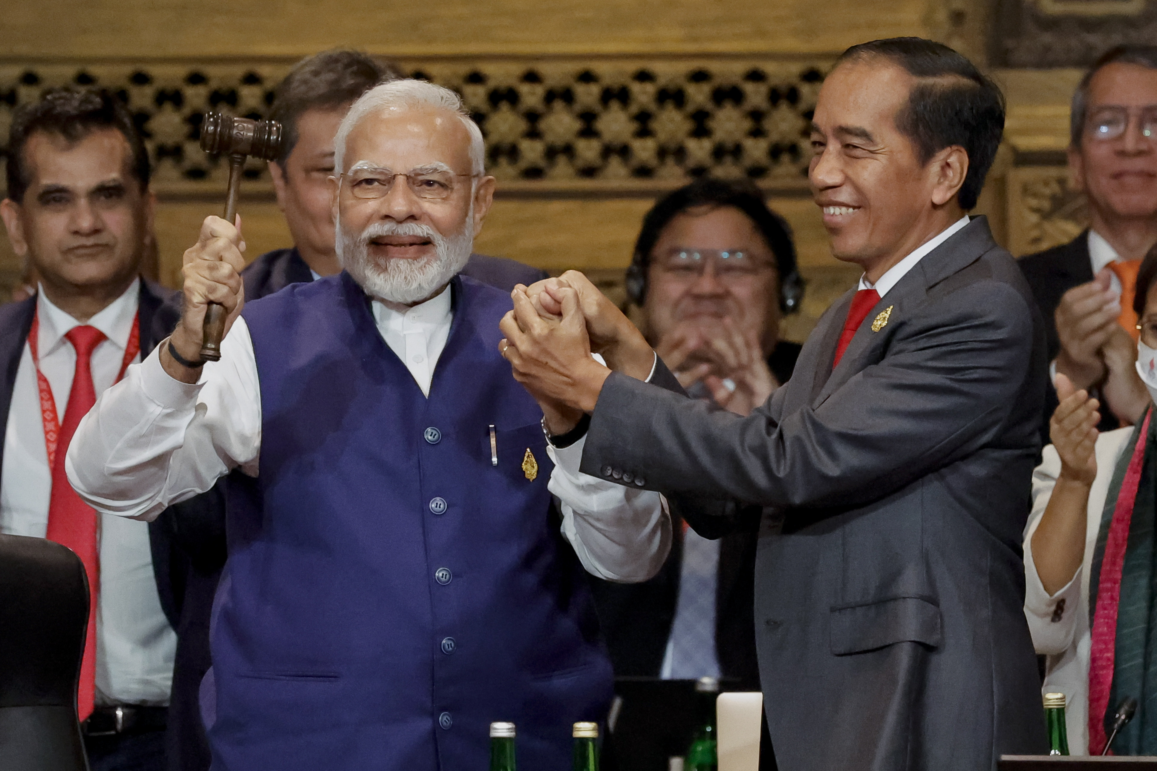 India’s Prime Minister Narendra Modi holds the gavel as Indonesia’s President Joko Widodo hands over the chair at the G20 Leaders’ Summit, in Nusa Dua, Bali, on November 16. India is leading the intellectual charge in formulating views from a Global South reluctant to take sides. Photo: AP