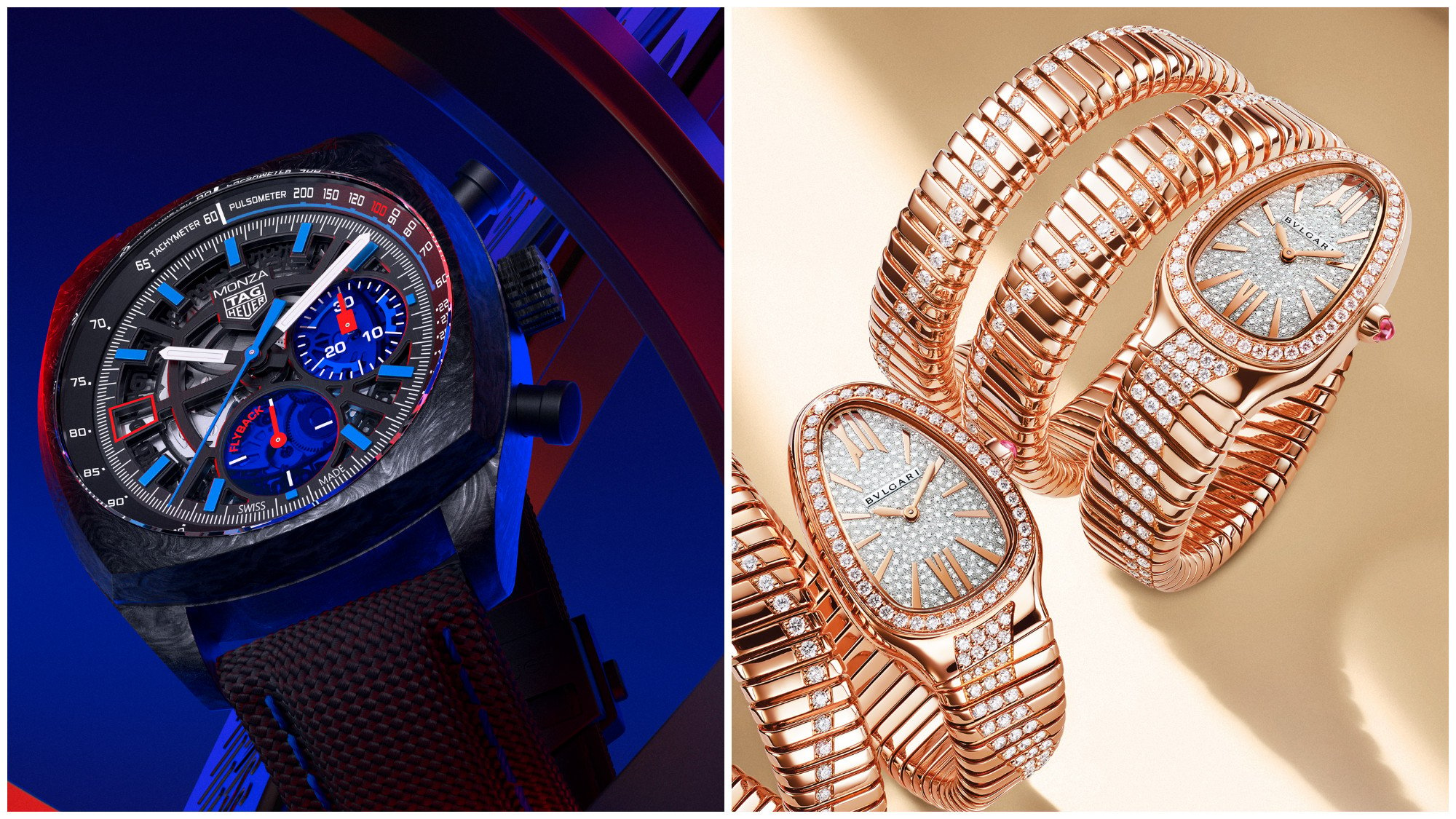 LVMH Watch Week 2023 saw four brands feature their first releases of the season, such as the Tag Heuer Monza Flyback Chronometer (left) and the Bvlgari Serpenti Tubogas Infinity (right). Photos: Handout