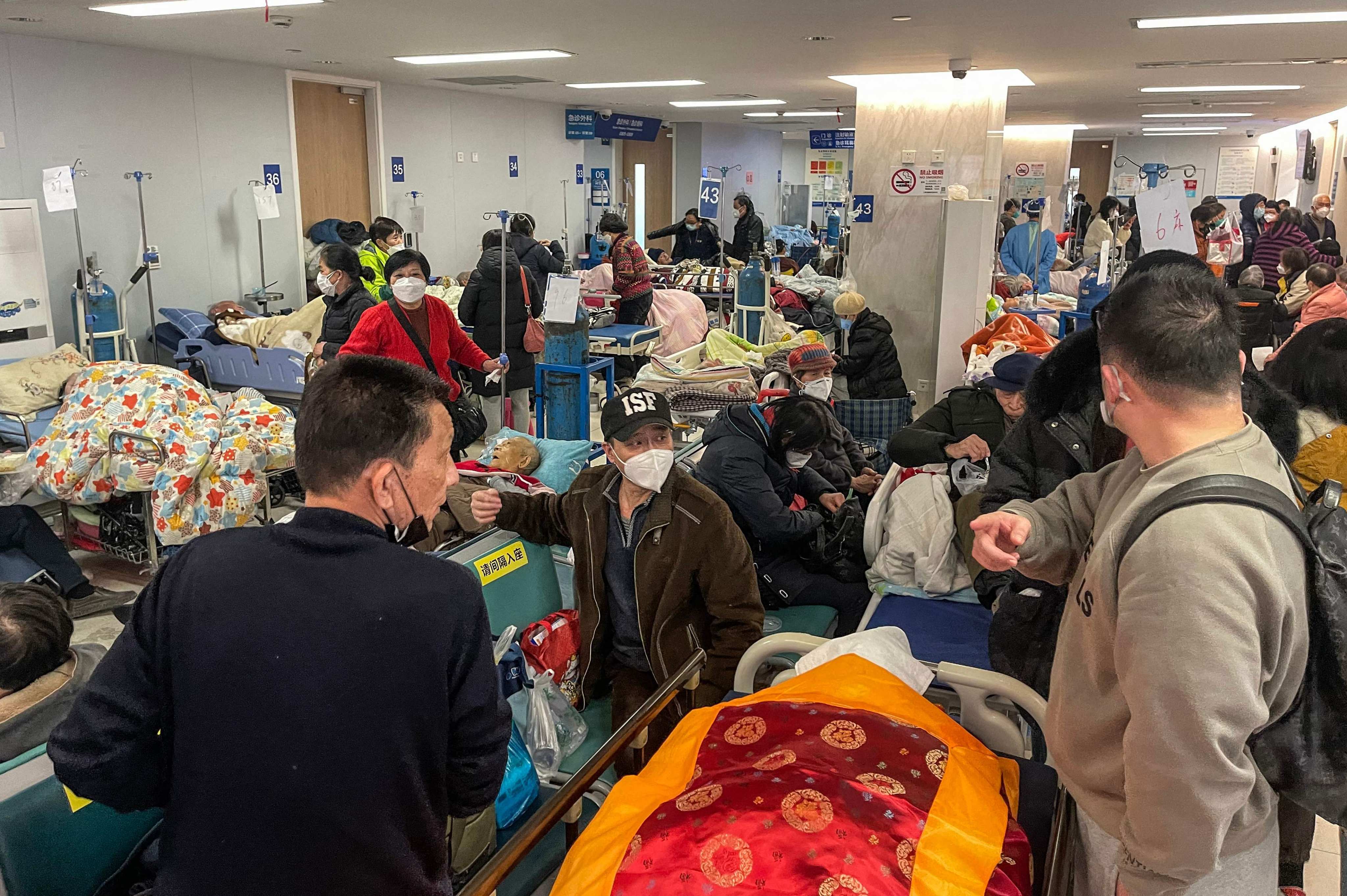 Patients wait on stretchers at Tongren hospital in Shanghai earlier this month. Photo: AFP