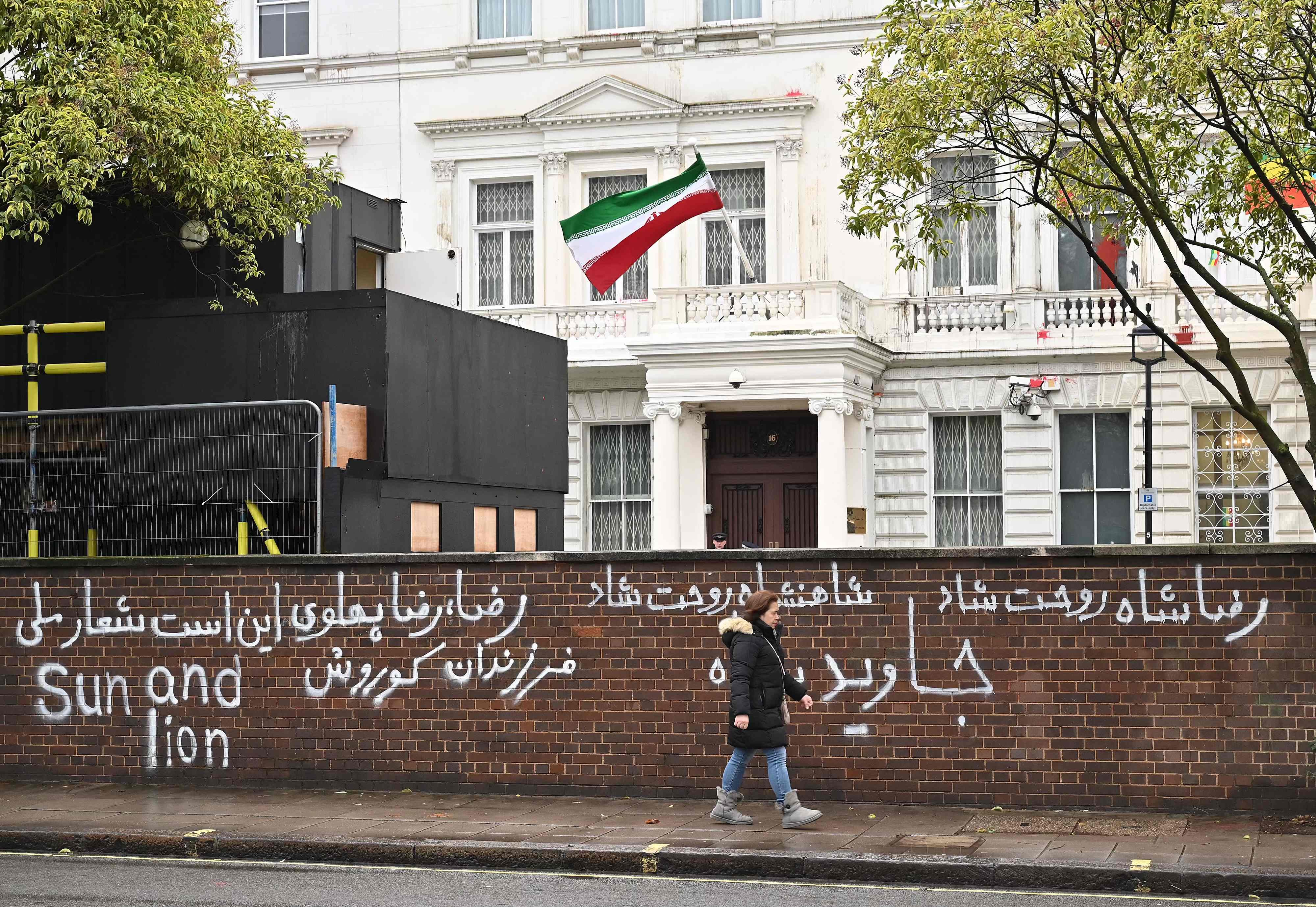 Graffiti daubed on a wall outside the Iranian Embassy in London. Photo: AFP