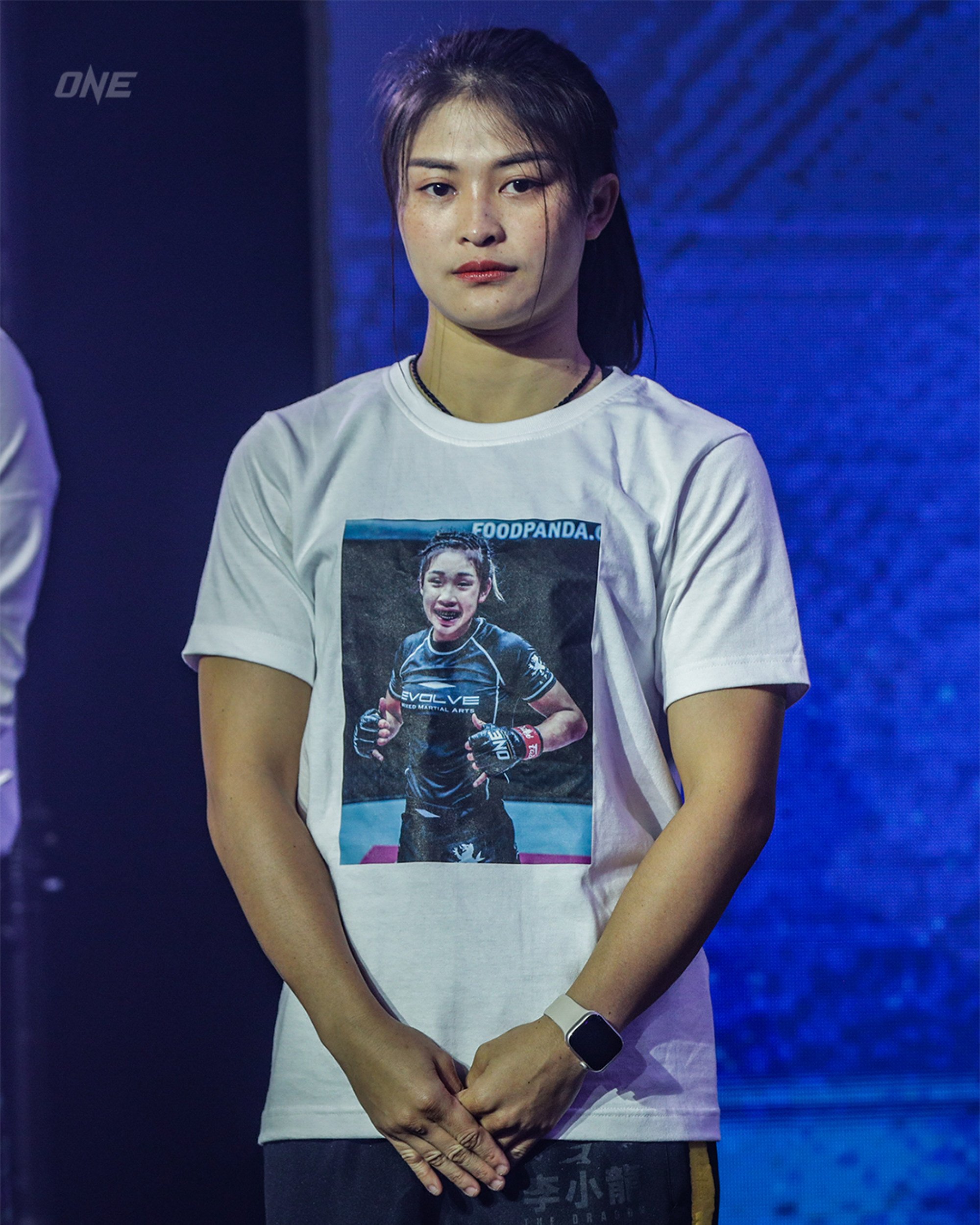 Stamp Fairtex wears a T-shirt honouring Victoria Lee during the ONE Fight Night 6 ceremonial weigh-ins in Bangkok. Photo: ONE Championship