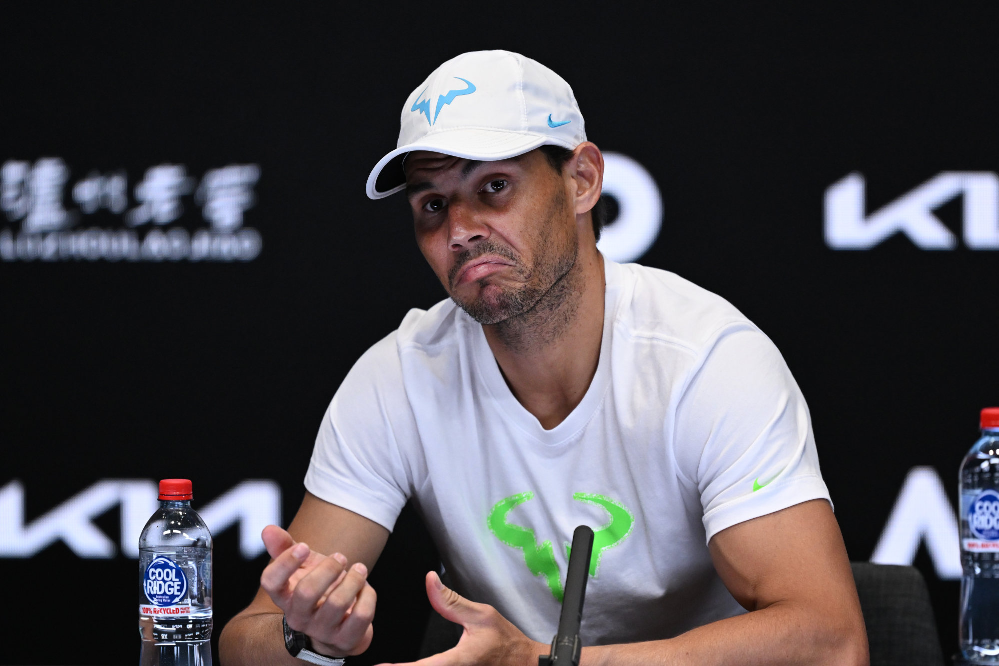 Rafael Nadal reacts at a press conference after losing to Mackenzie McDonald. Photo: dpa