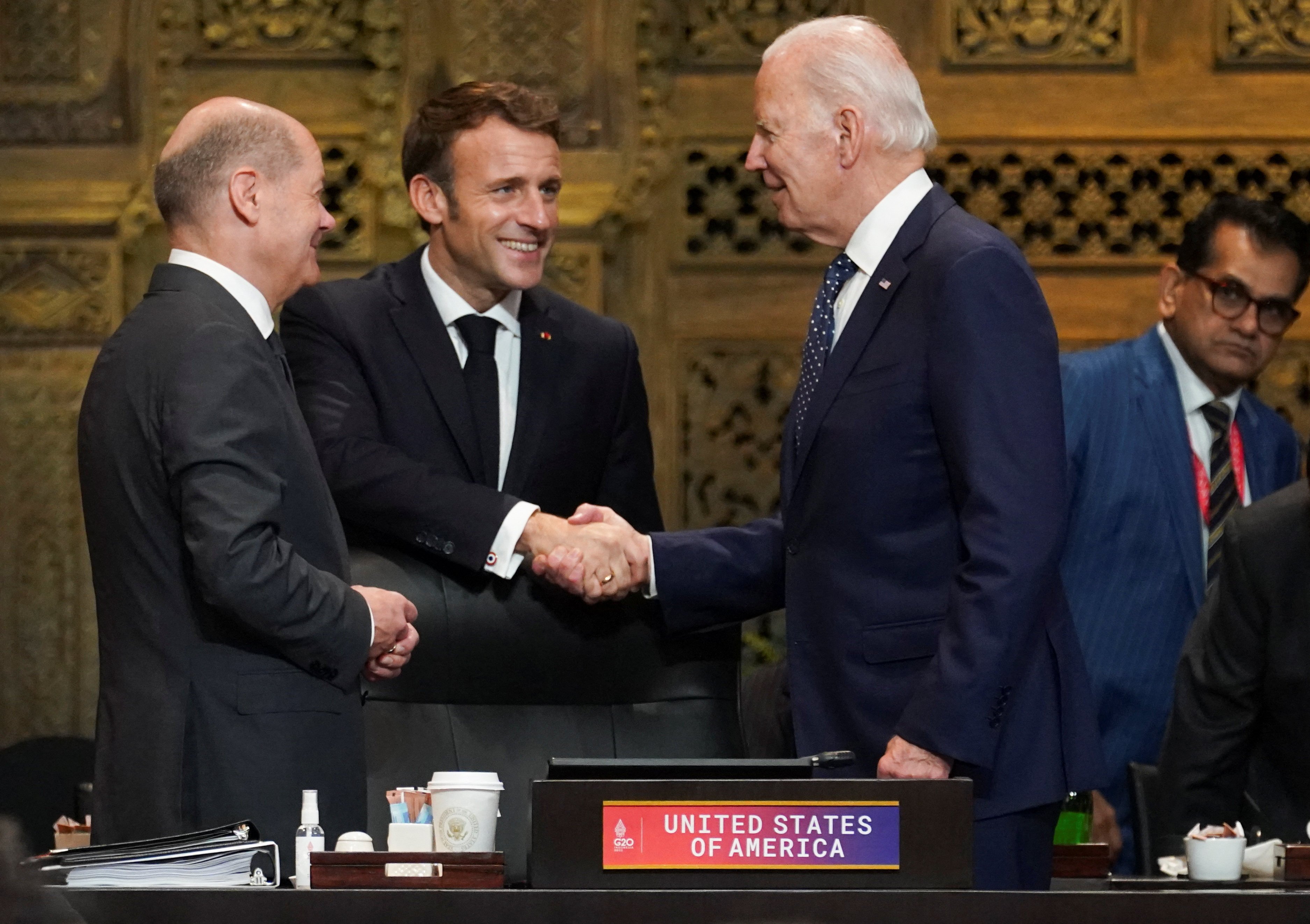 German Chancellor Olaf Scholz (left) and French President Emmanuel Macron (centre) greet US President Joe Biden during the first working session of the Group of 20 leaders’ summit in Bali, Indonesia, on November 15. Macron has been a proponent of greater European strategic independence from the United States. Photo: Reuters