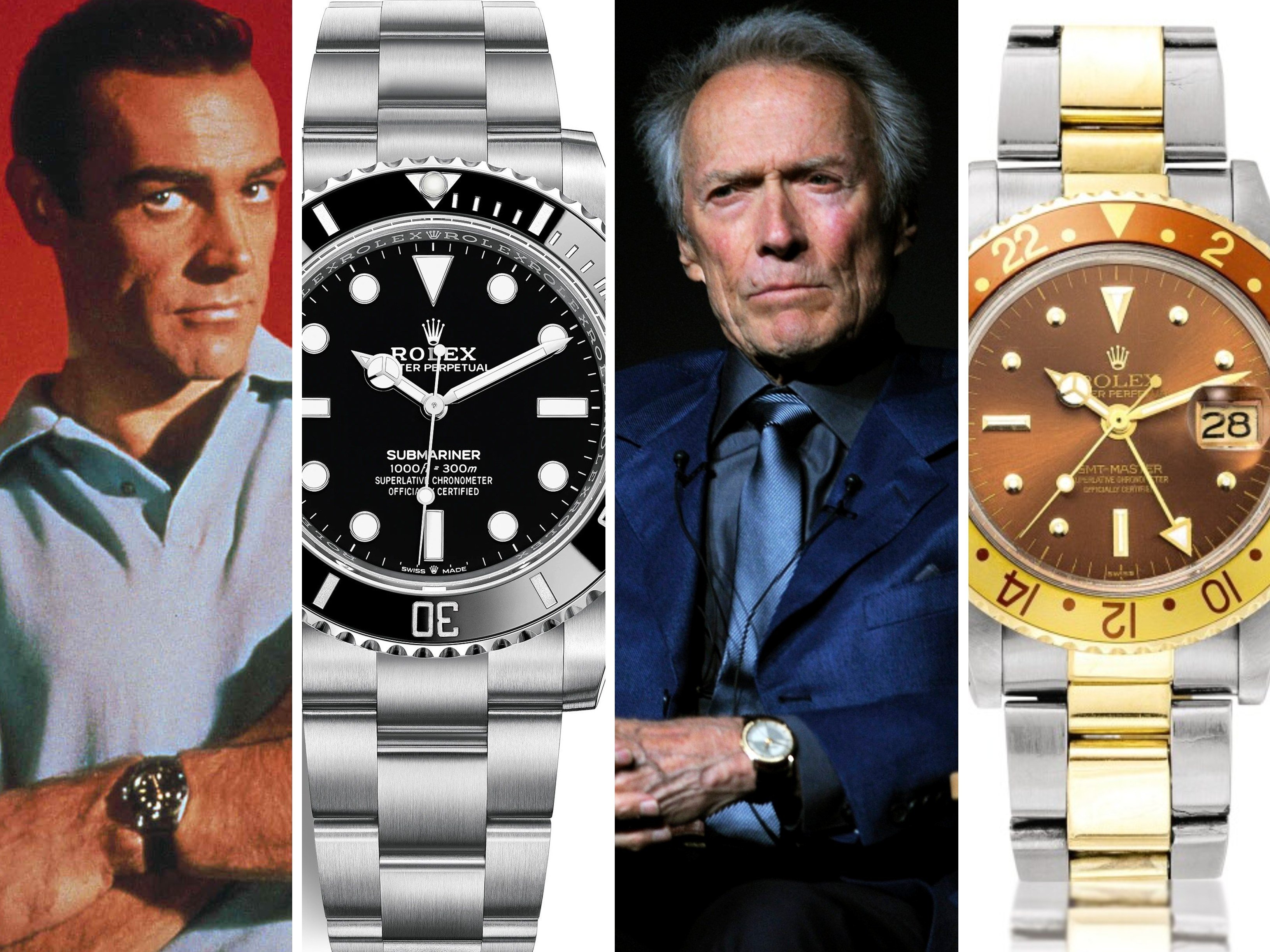 Sean Connery’s James Bond character and Clint Eastwood have Rolex watches named after them. Photos: United Artists, Rolex, EPA, Sotheby’s