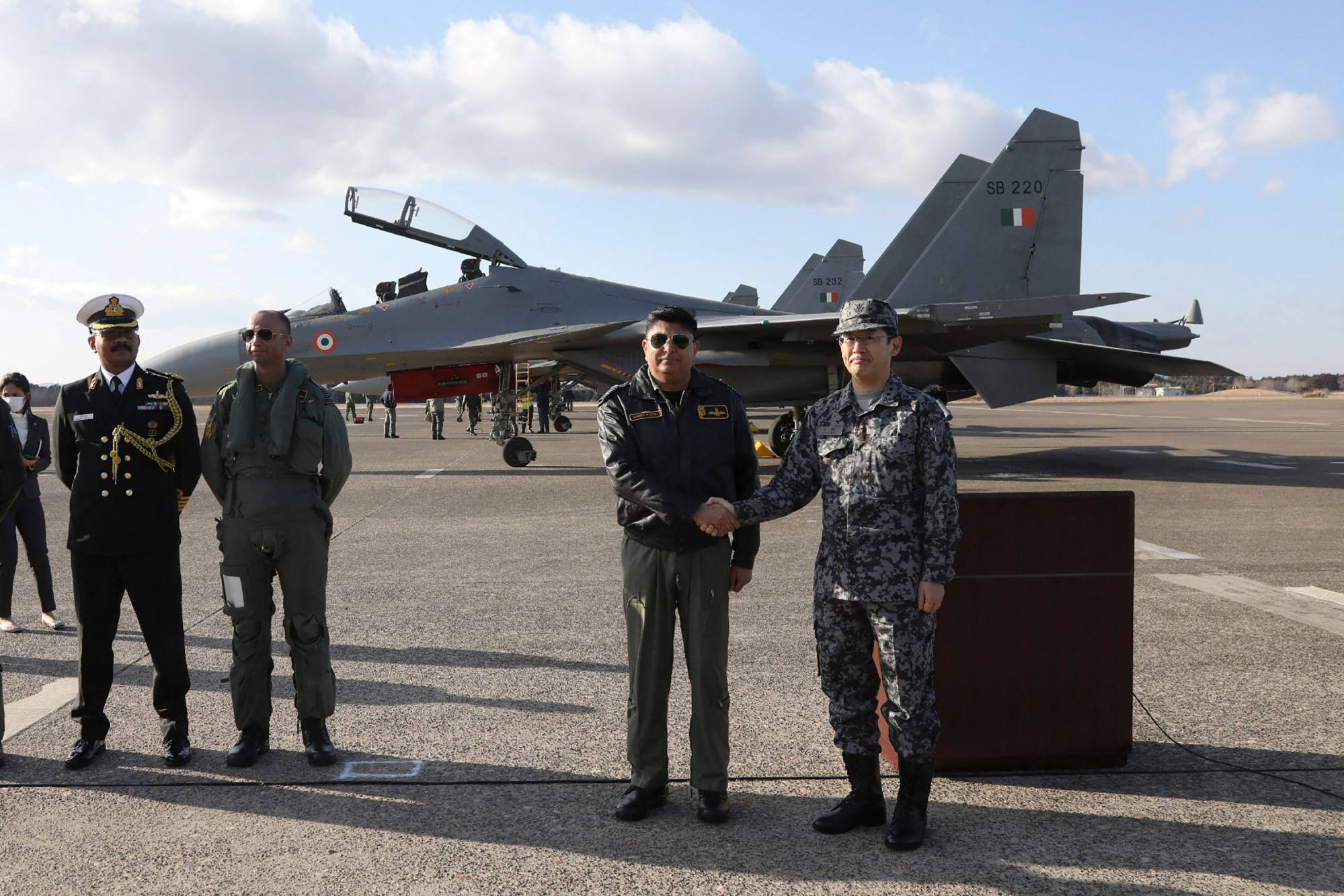 Indian Air Force fighter aircraft at Japan’s Air Self-Defence Force Hyakuri Air Base for the Japan-India joint exercise. Four F-2 and four F-15 fighters taking part. Photo: AFP