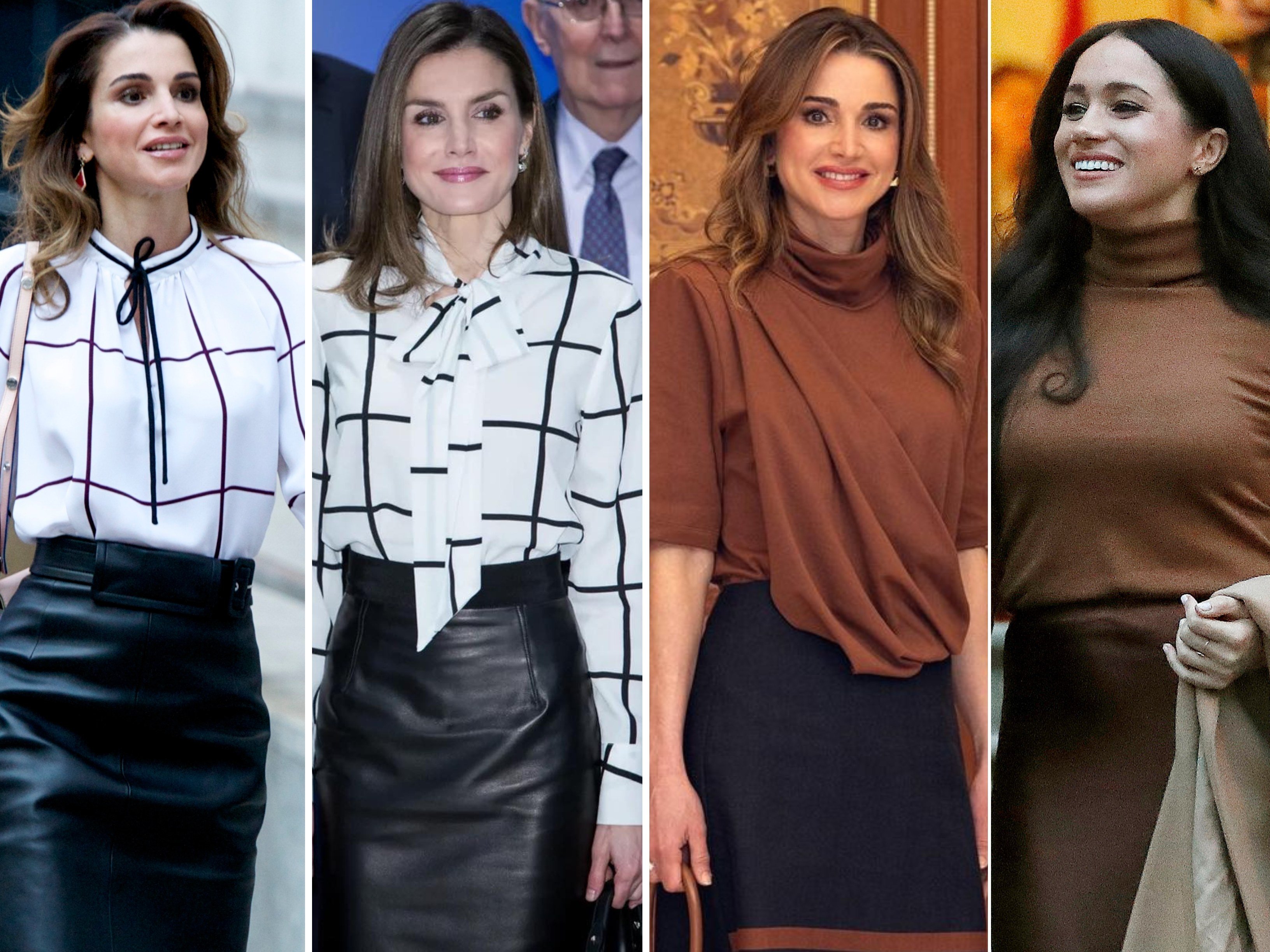 Fame, set and match: Queen Letizia of Spain and Meghan Markle are among the stylish royals who wore the same outfits as Queen Rania of Jordan. Photos: Getty Images, Facebook, @queenrania/Instagram, AP