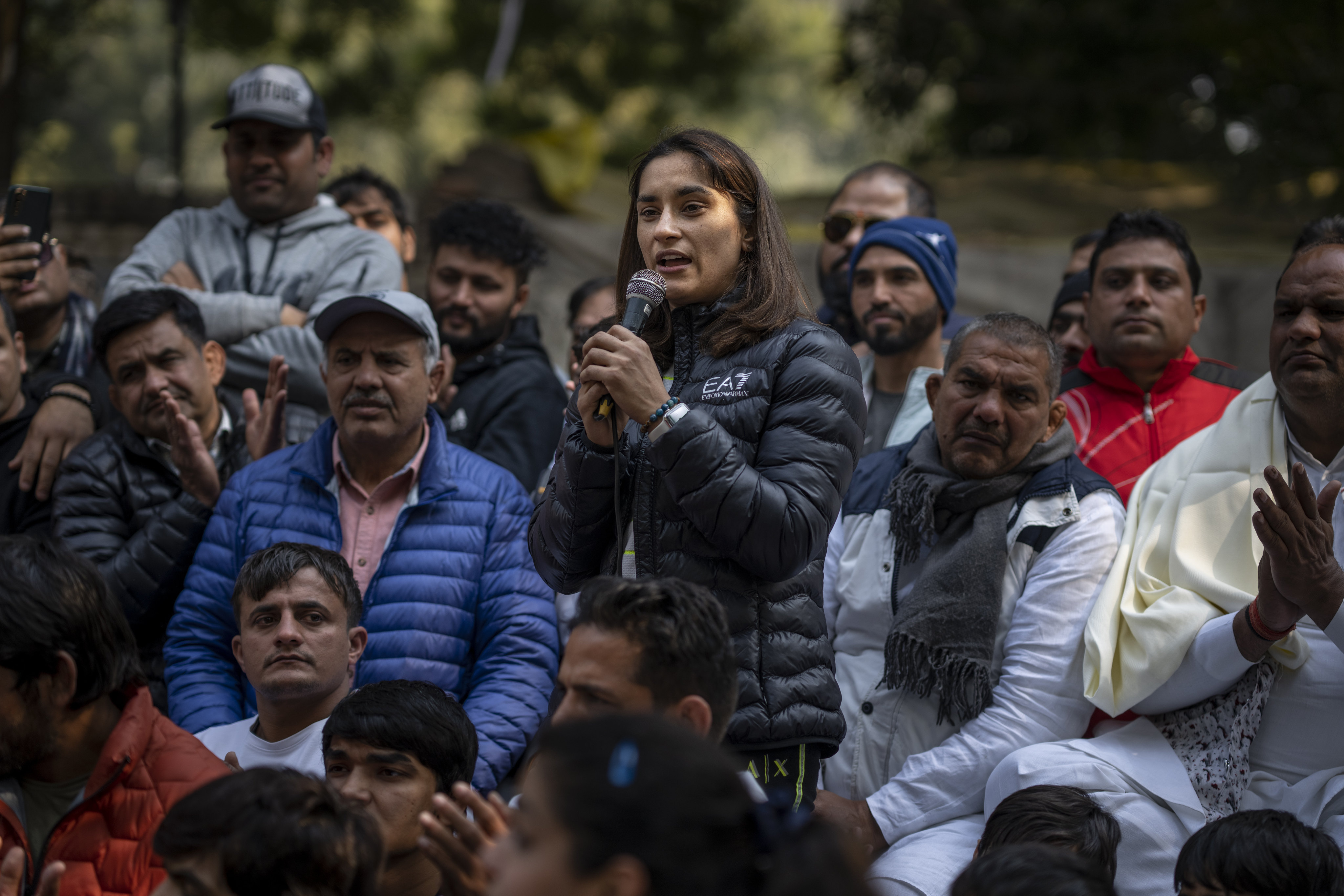 Indian wrestler Vinesh Phogat speaks during the protest on January 19, 2023. Top India wrestlers led a sit-in protest near the parliament building accusing the federation president and coaches of sexually and mentally harassing young wrestlers. Photo: AP