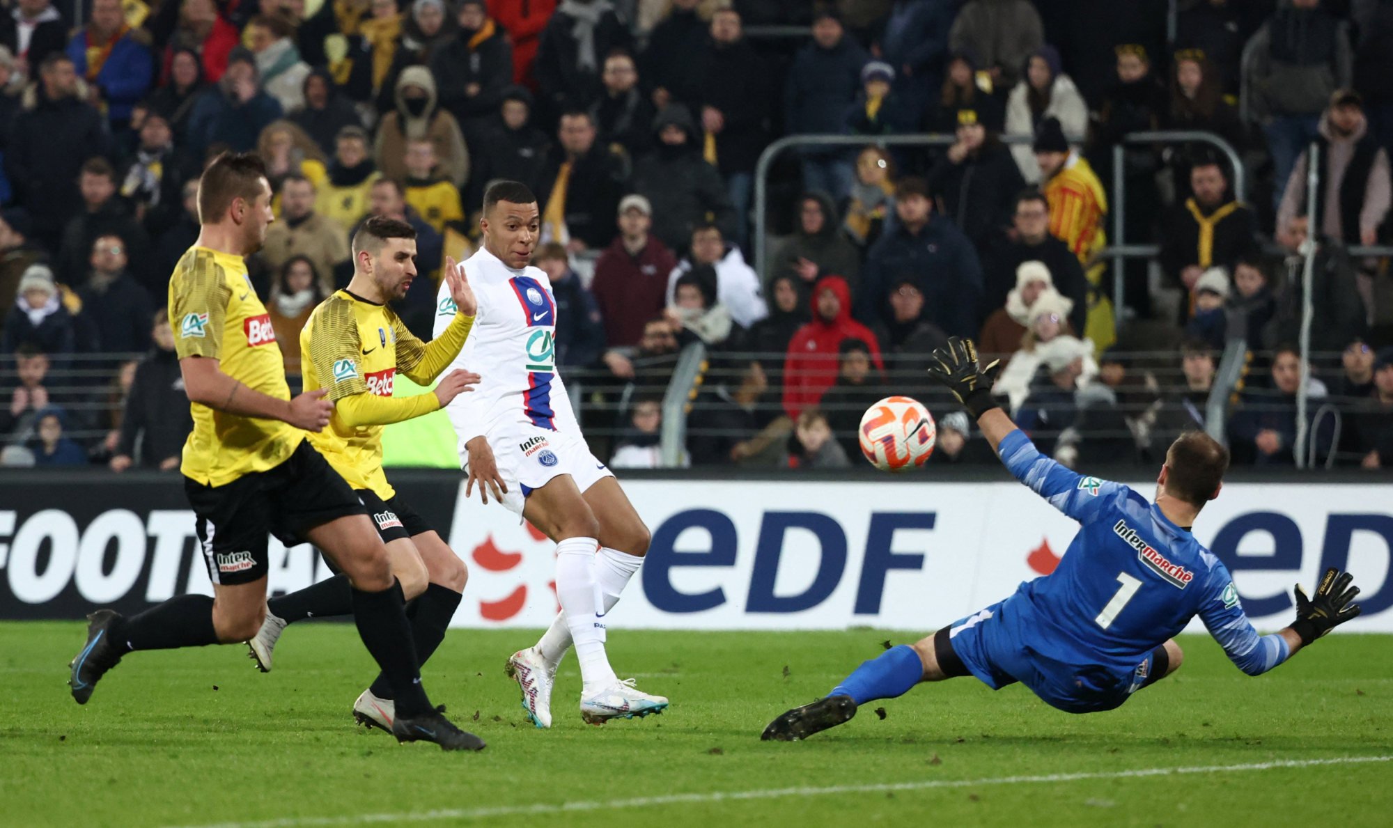 Paris St Germain’s Kylian Mbappe scores their fourth goal and completes his hat-trick. Photo: Reuters