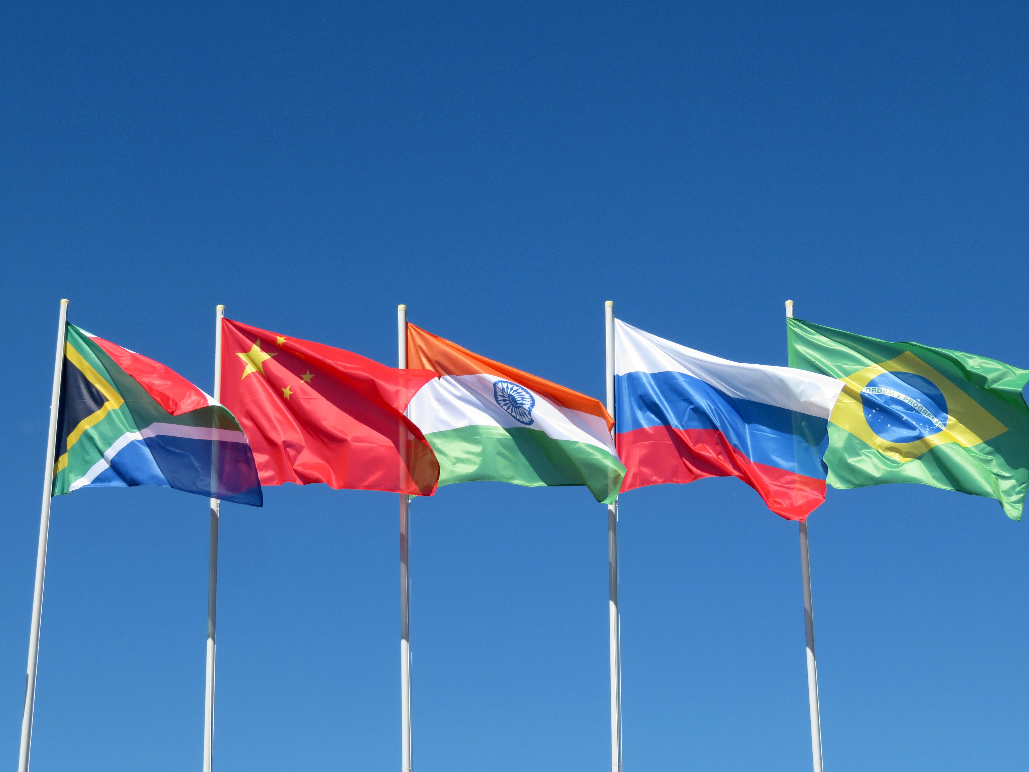 The flags of South Africa, China, India, Russia and Brazil, the five members of BRICS. China, India, Brazil and South Africa are among the nations that have resisted giving up their own interests to punish Russia following the Ukraine war. Photo: Shutterstock
