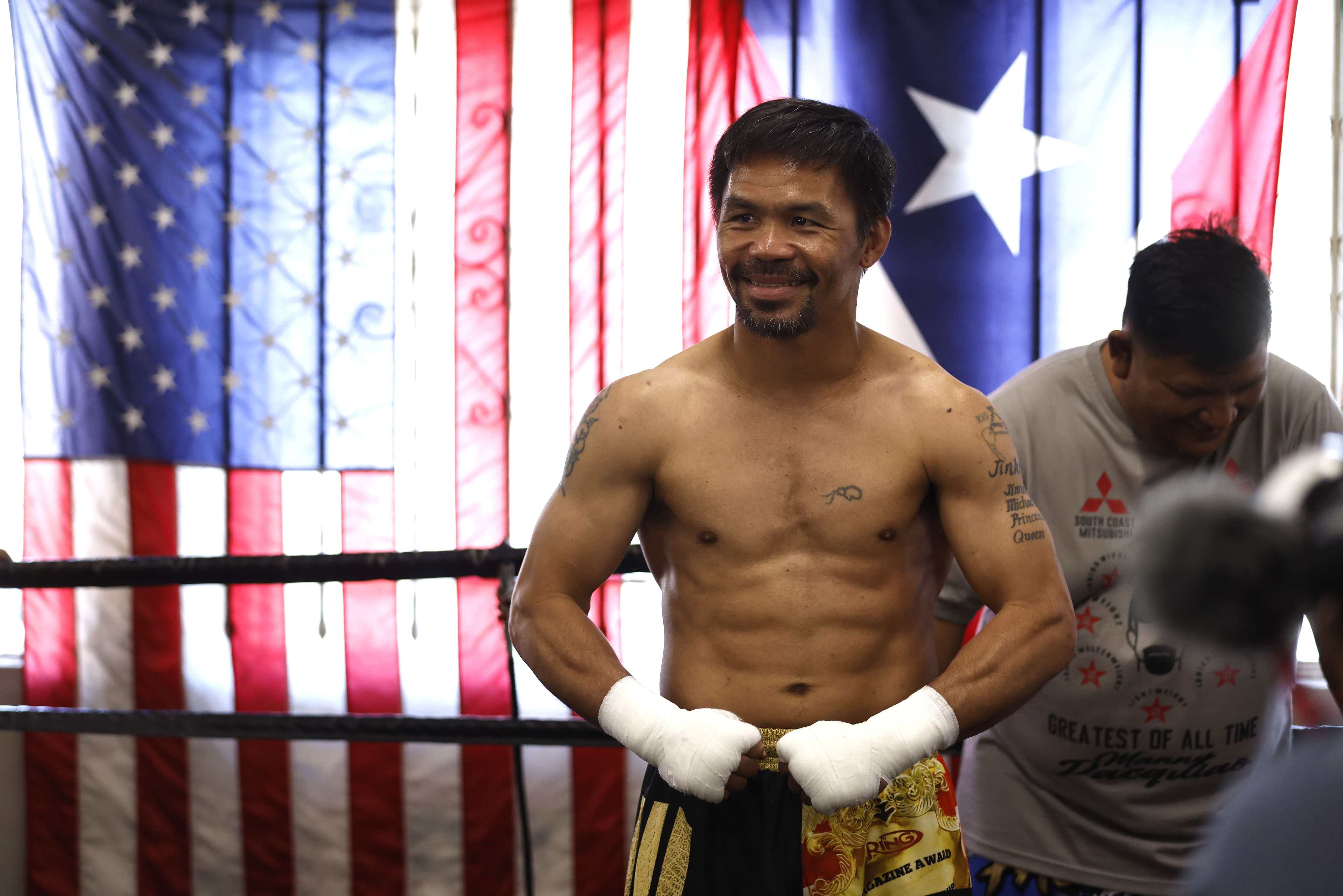 Manny Pacquiao poses for media at Wild Card Boxing Club on August 4, 2021 in Los Angeles, California. Photo: AFP