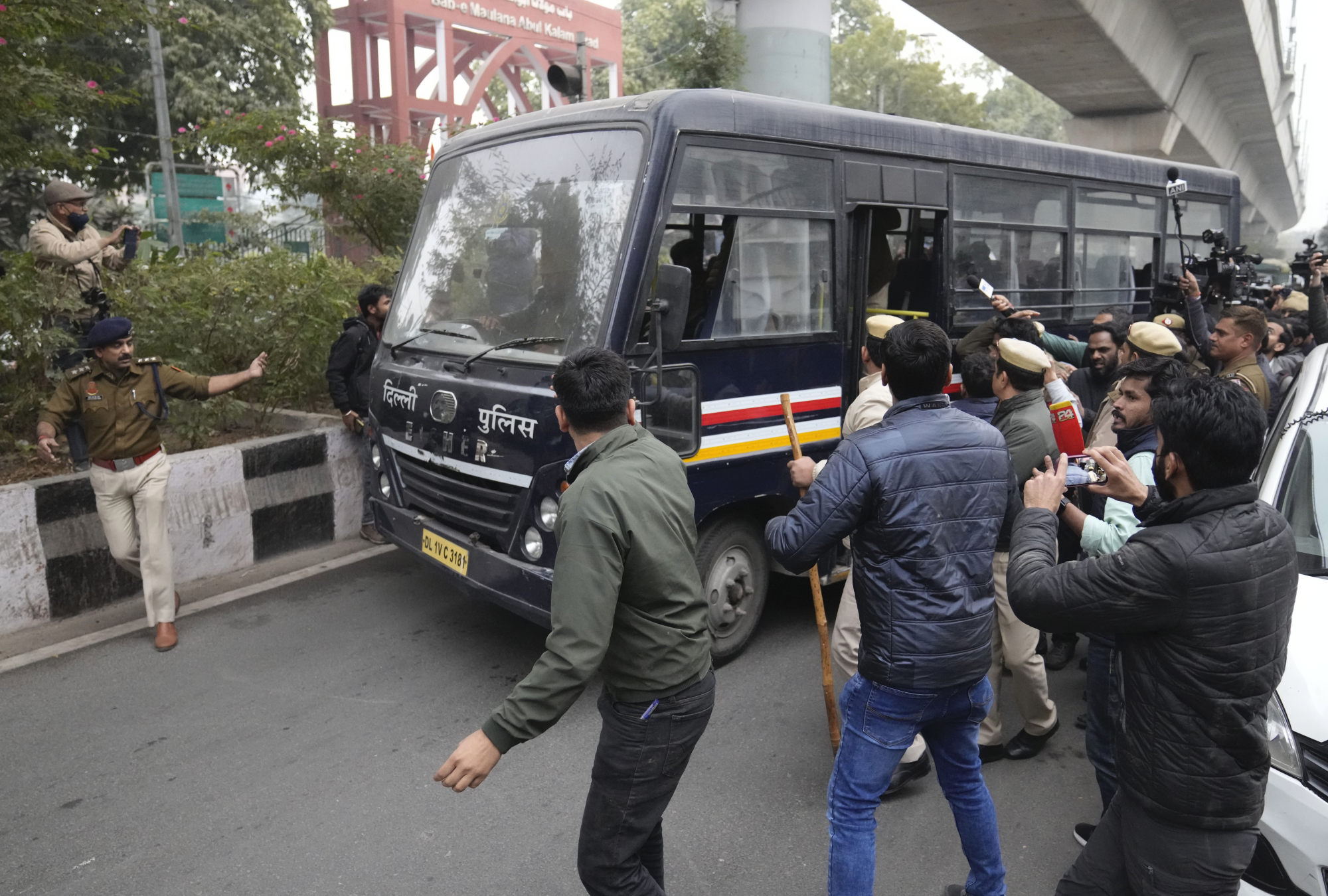 Police detain student activists outside the Jamia Millia Islamia university in New Delhi on Wednesday after they planned to screen a banned documentary that examines Modi’s role during 2002 anti-Muslim riots. Photo: AP