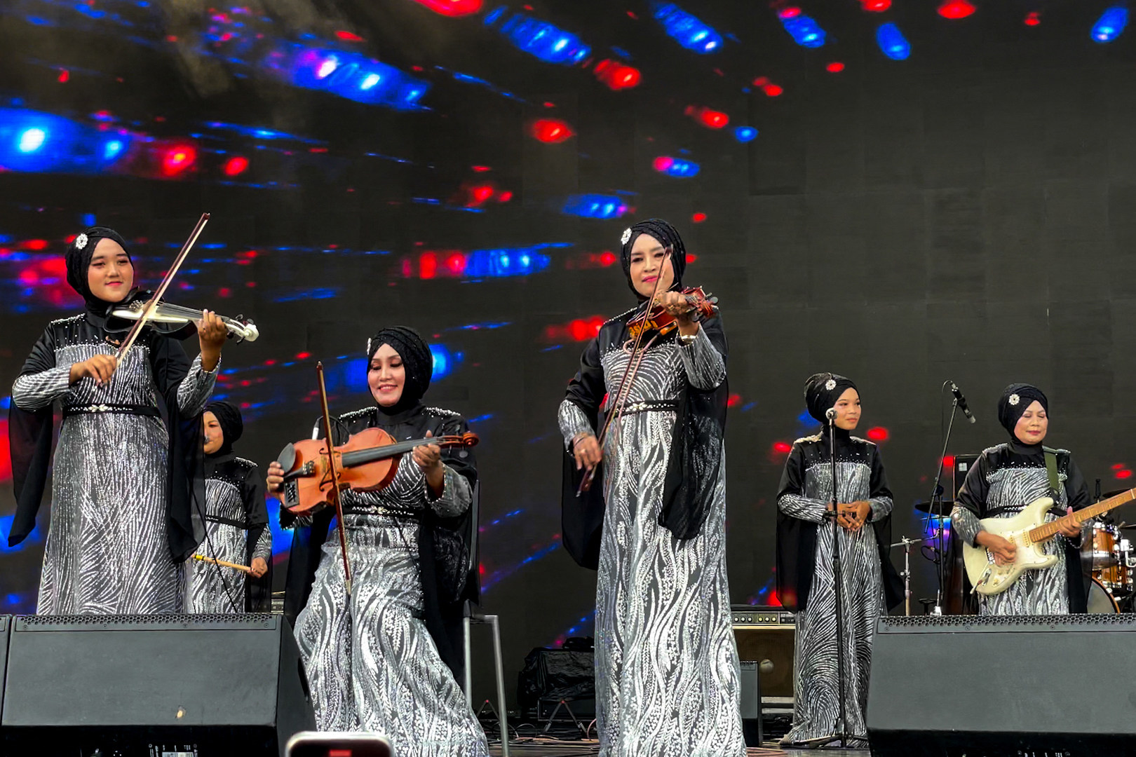 Members of the all-female hijab-clad Nasida Ria band performing at a festival in Jakarta. Photo: AFP