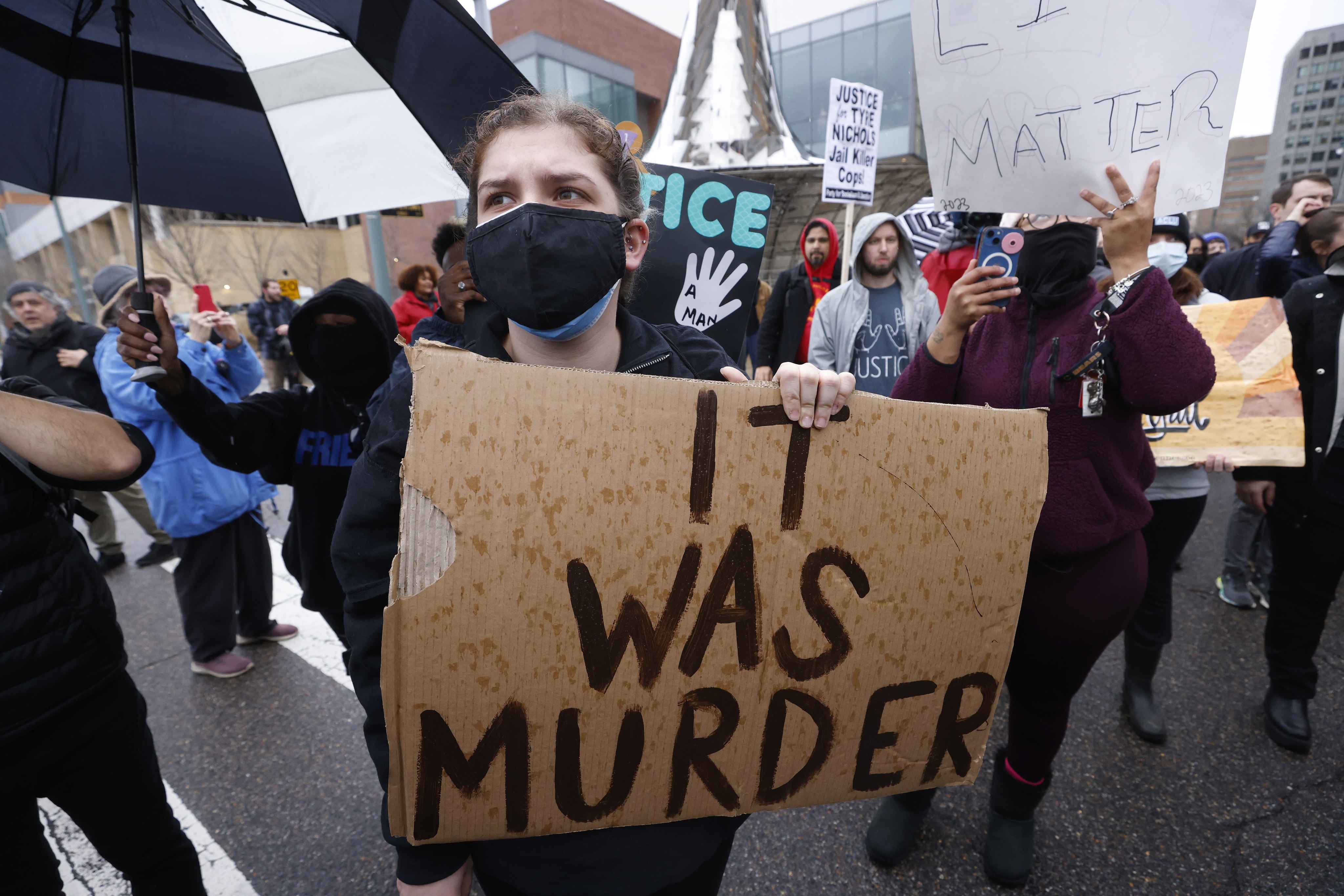 Protesters march downtown in Memphis, Tennessee on Saturday, a day after the release of video footage showing the encounter earlier this month between Tyre Nichols and five Memphis police officers which resulted in Nichols’ beating and subsequent death. Photo: EPA-EFE