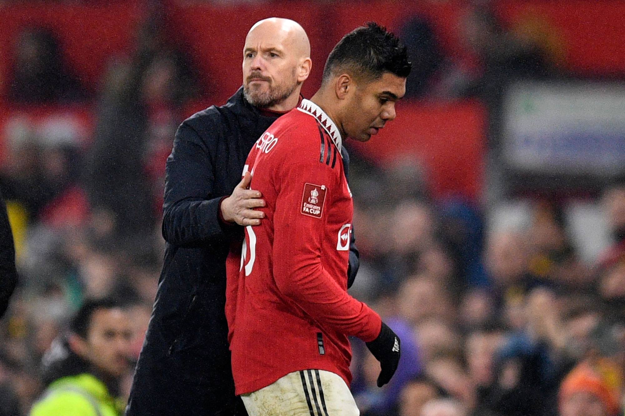 Manchester United manager Erik ten Hag thanks Casemiro as he is substituted off. Photo: AFP