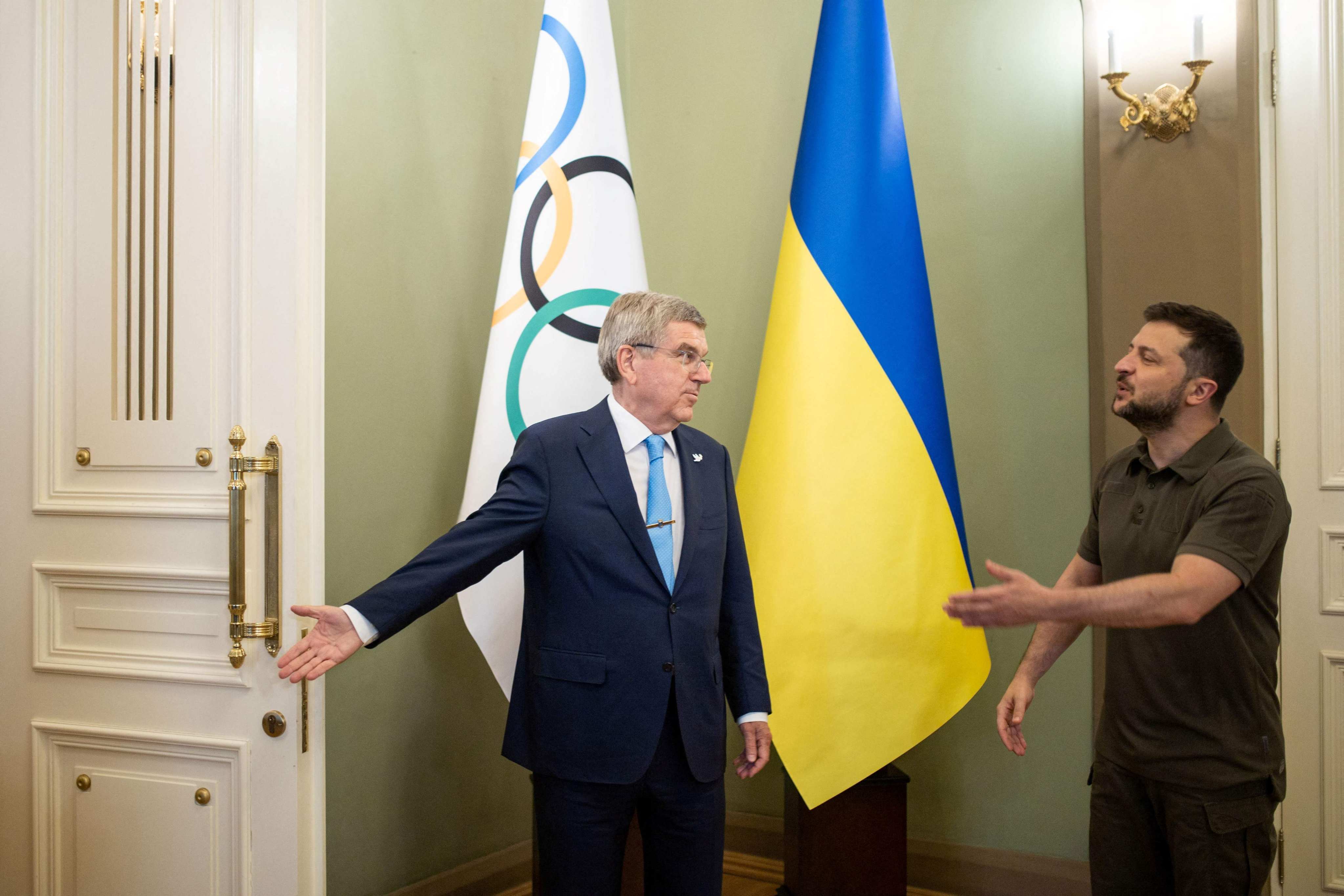 Ukrainian President Volodymyr Zelensky meeting International Olympic Committee President (IOC) Thomas Bach in Kyiv in July. File photo: Ukrainian Presidential Press Service / AFP 