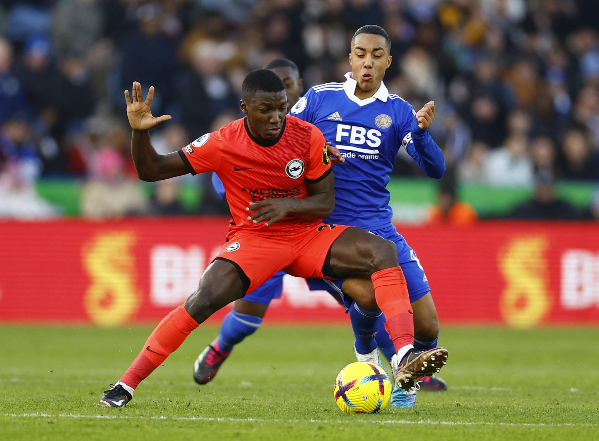 Brighton & Hove Albion’s Moises Caicedo in action with Leicester City’s Youri Tielemans. Photo: Reuters