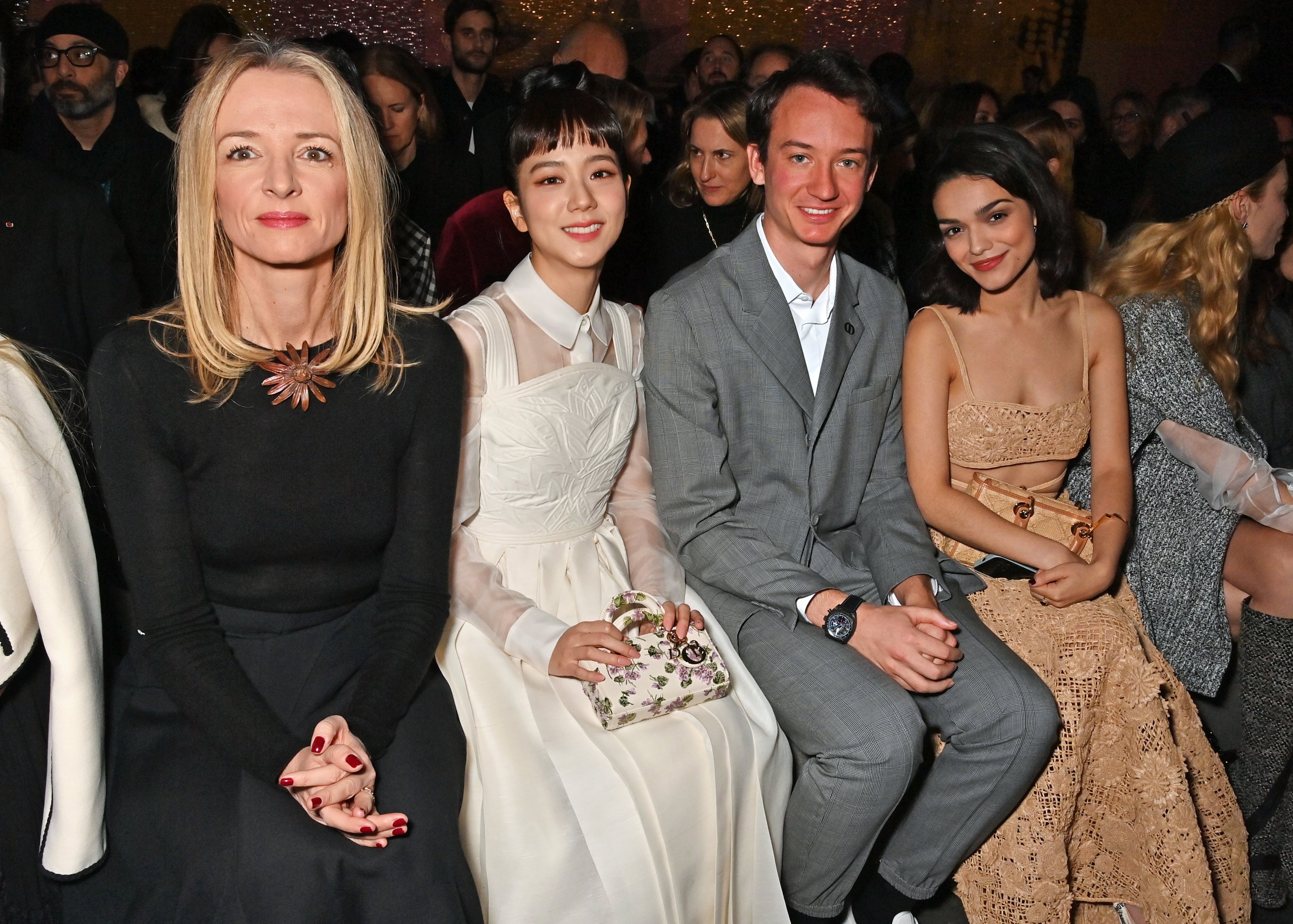 PARIS, FRANCE - JANUARY 23: (L to R) Delphine Arnault, Jisoo, TAG Heuer CEO Frederic Arnault and Rachel Zegler attend the Christian Dior front row during Paris Fashion Week Haute Couture Spring Summer 2023 on January 23, 2023 in Paris, France. (Photo by David M. Benett/Dave Benett/Getty Images)
