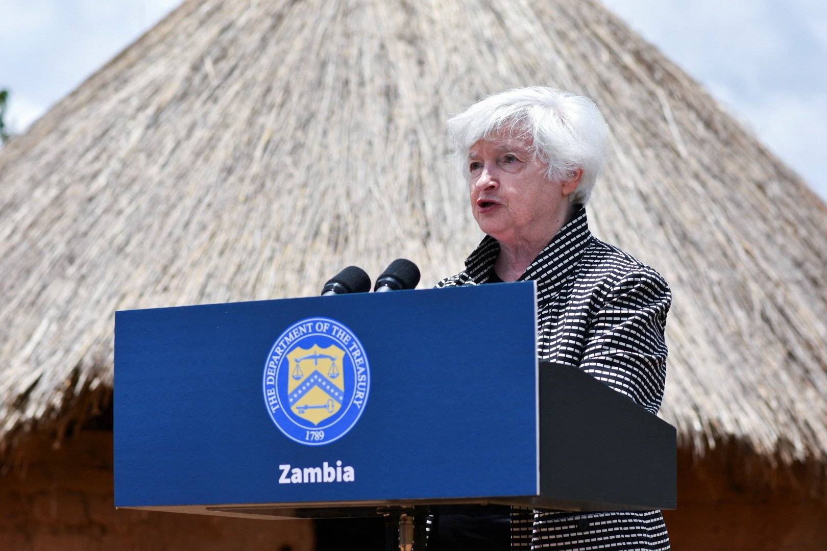 US Treasury Secretary Janet Yellen speaks during a visit to Mwalumina village in Zambia on January 24. Calls for greater debt relief and refinancing for developing countries such as Zambia have been hampered by geopolitical tensions and a lack of transparency. Photo: Reuters
