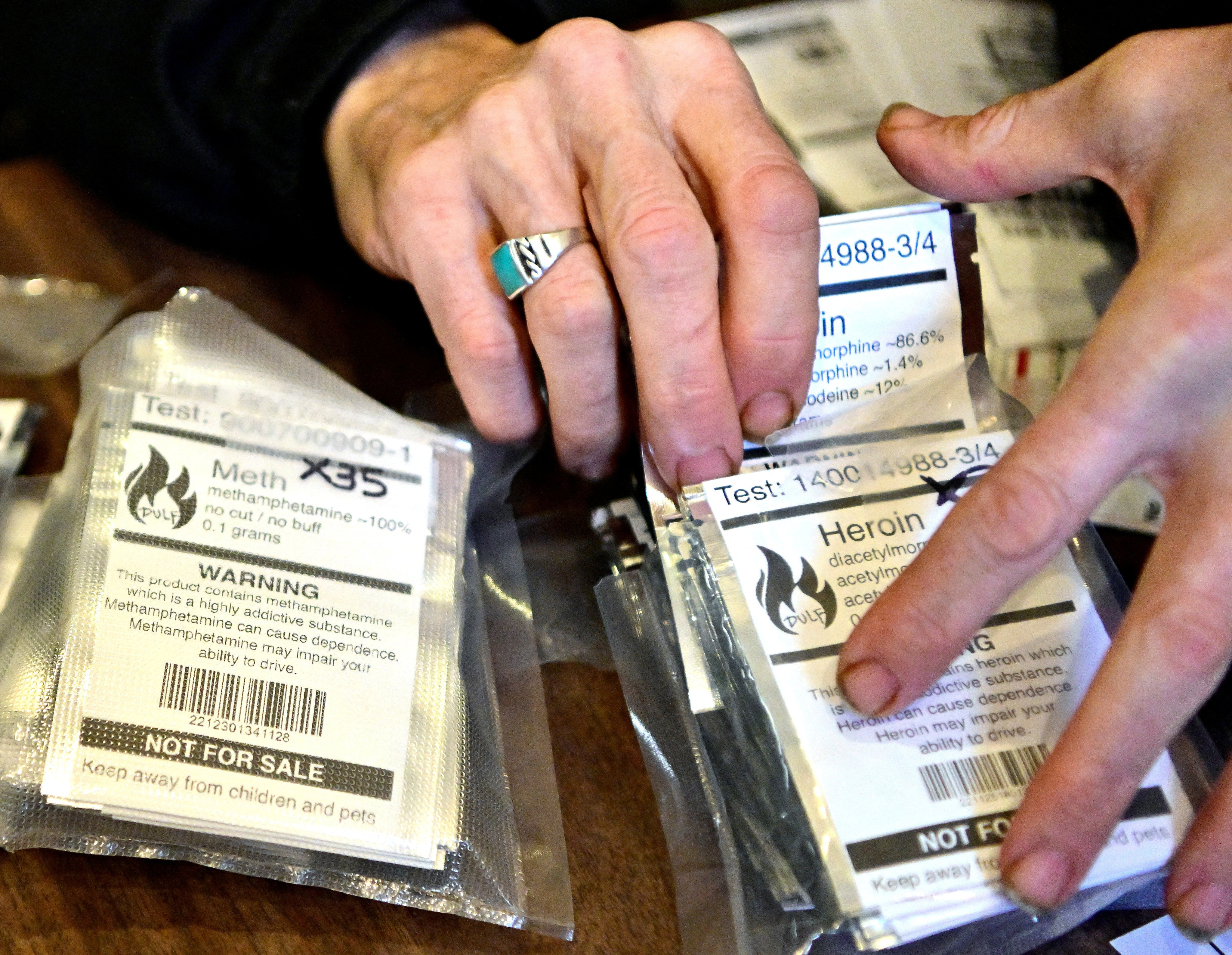 Packets of drugs tested for contaminants. British Columbia has decriminalised the possession of small amounts of cocaine, methamphetamine, MDMA and opioids like heroin, fentanyl and morphine. Phot