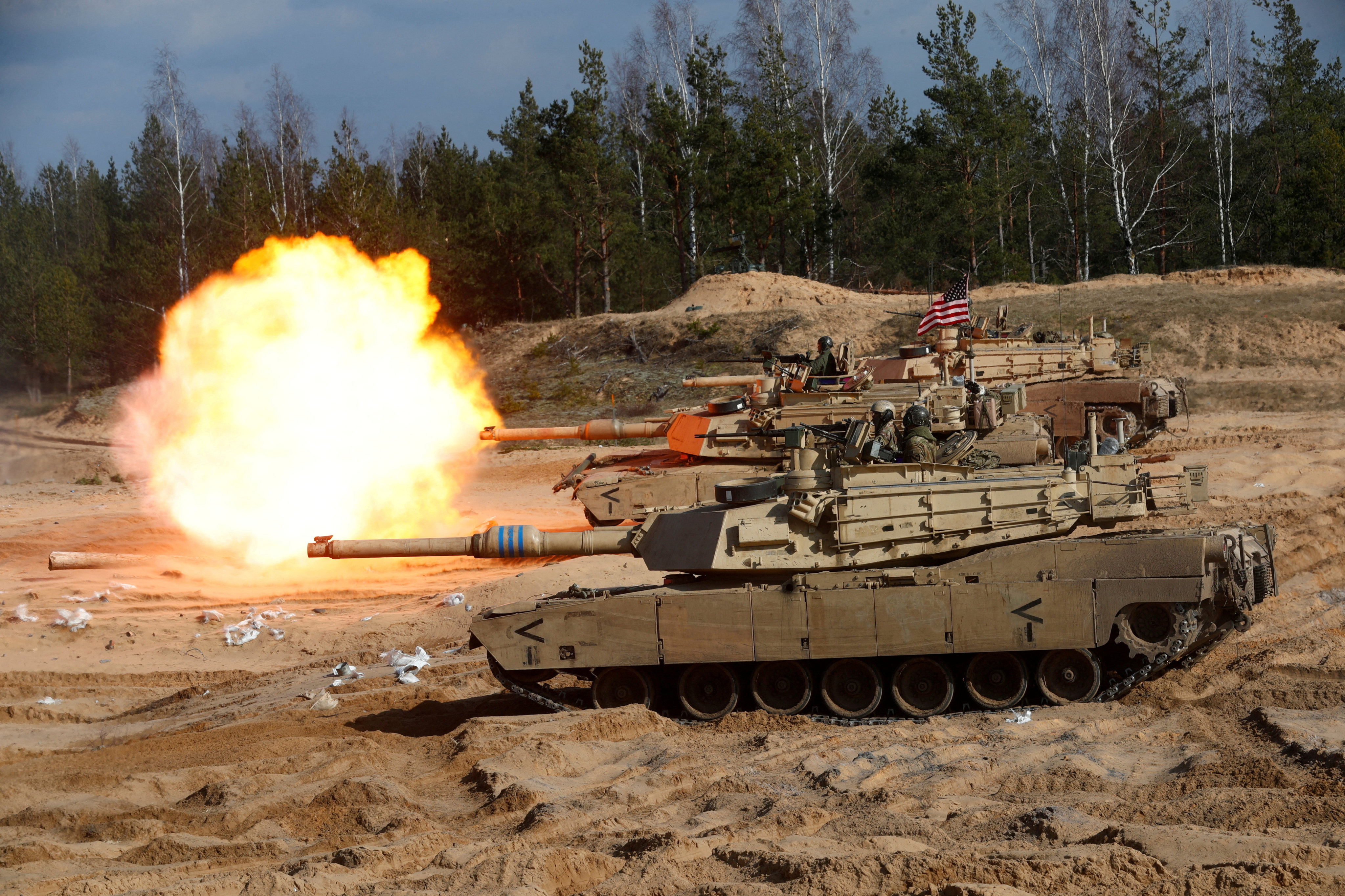 A US Army M1A1 Abrams tank fires during a Nato military exercise in Adazi, Latvia. The Biden administration has agreed to send 31 of the tanks to Ukraine. Photo: Reuters